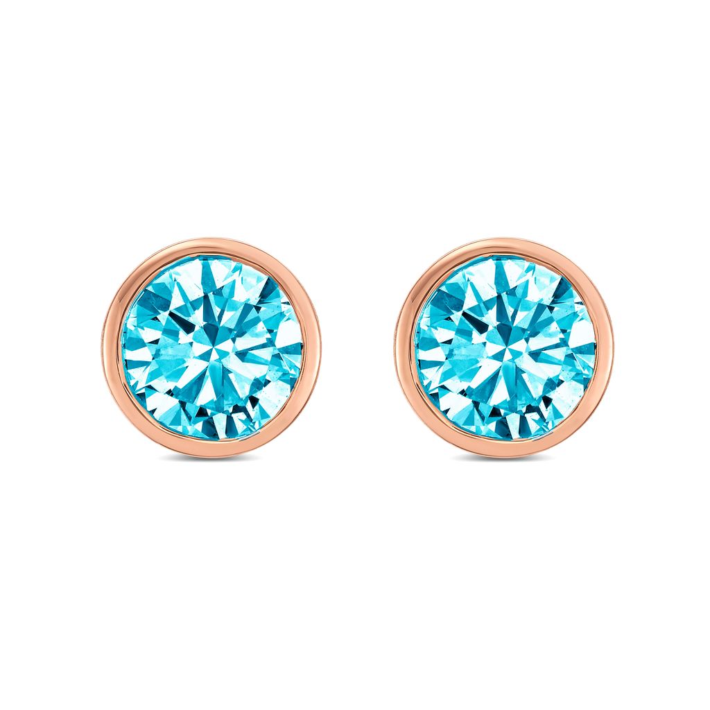 Lab-Grown Bezel Round Blue Diamond Studs, 14K Gold