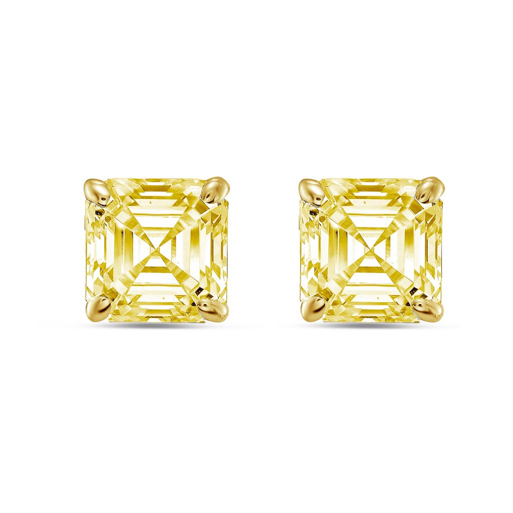 Lab-Grown Yellow Asscher Diamond Stud Earrings, 4-Prong, 14K Gold