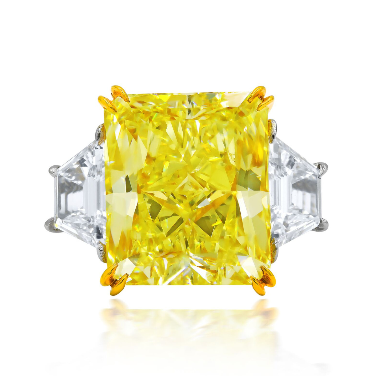 10.03ct radiant cut yellow diamond three-stone engagement ring