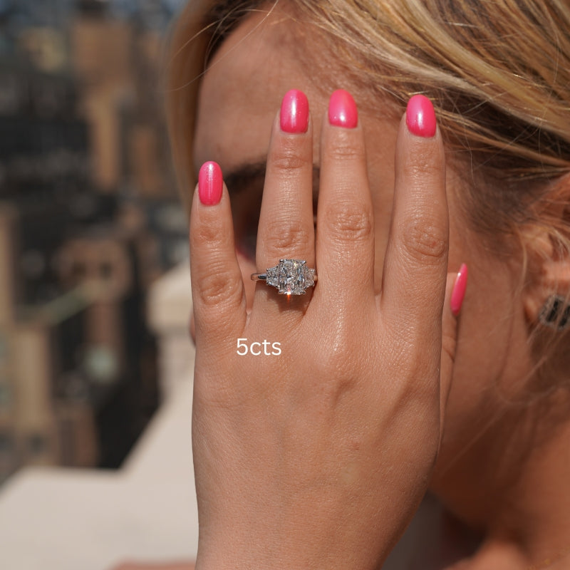 Lab-Grown Radiant Three-Stone Engagement Ring with Trapezoids, 18K Gold