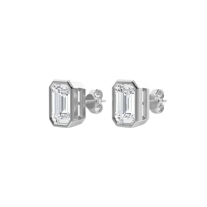 14K white gold emerald cut diamond stud earrings bezel set