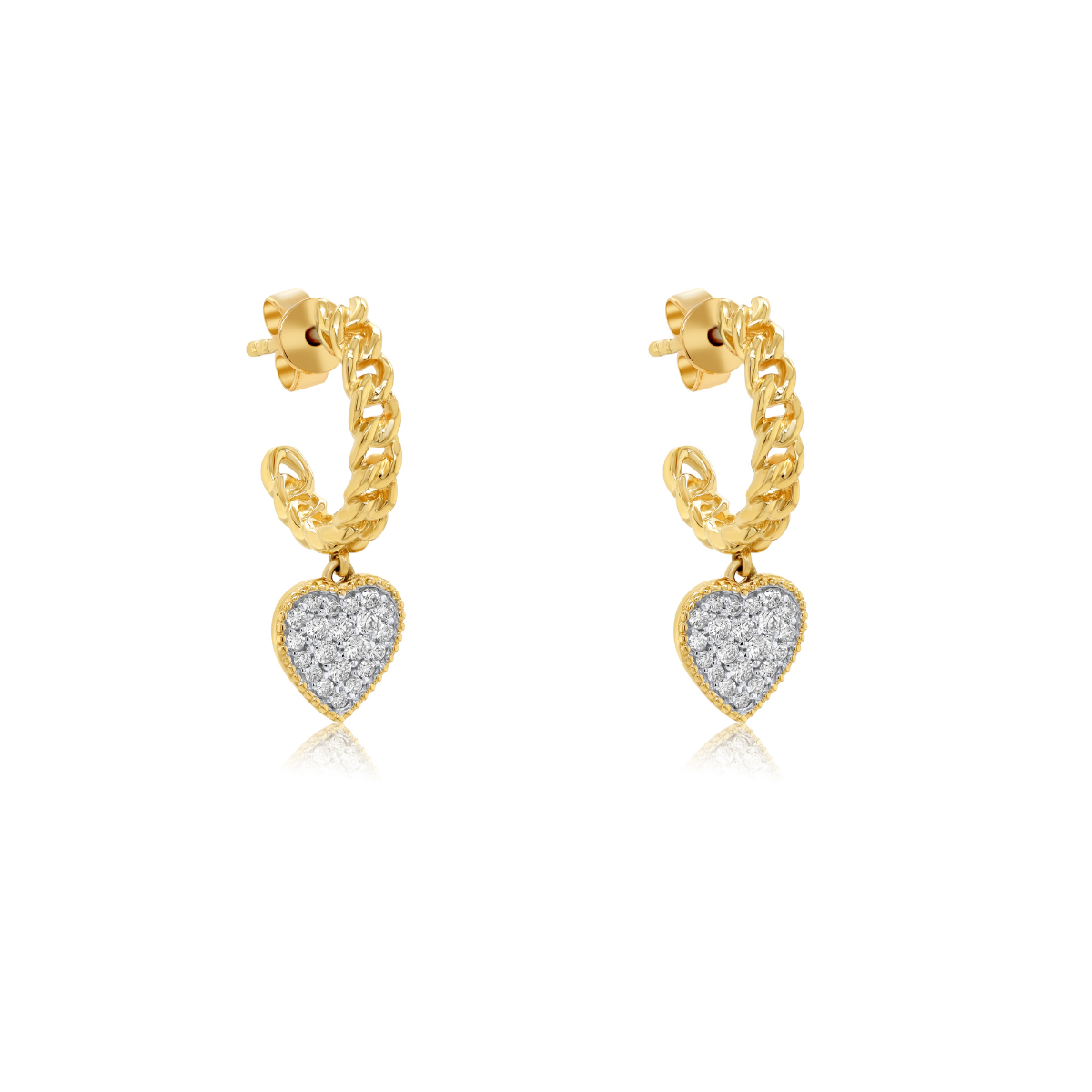 14K yellow gold diamond pavé heart drop huggie earrings, 0.22ct round diamonds