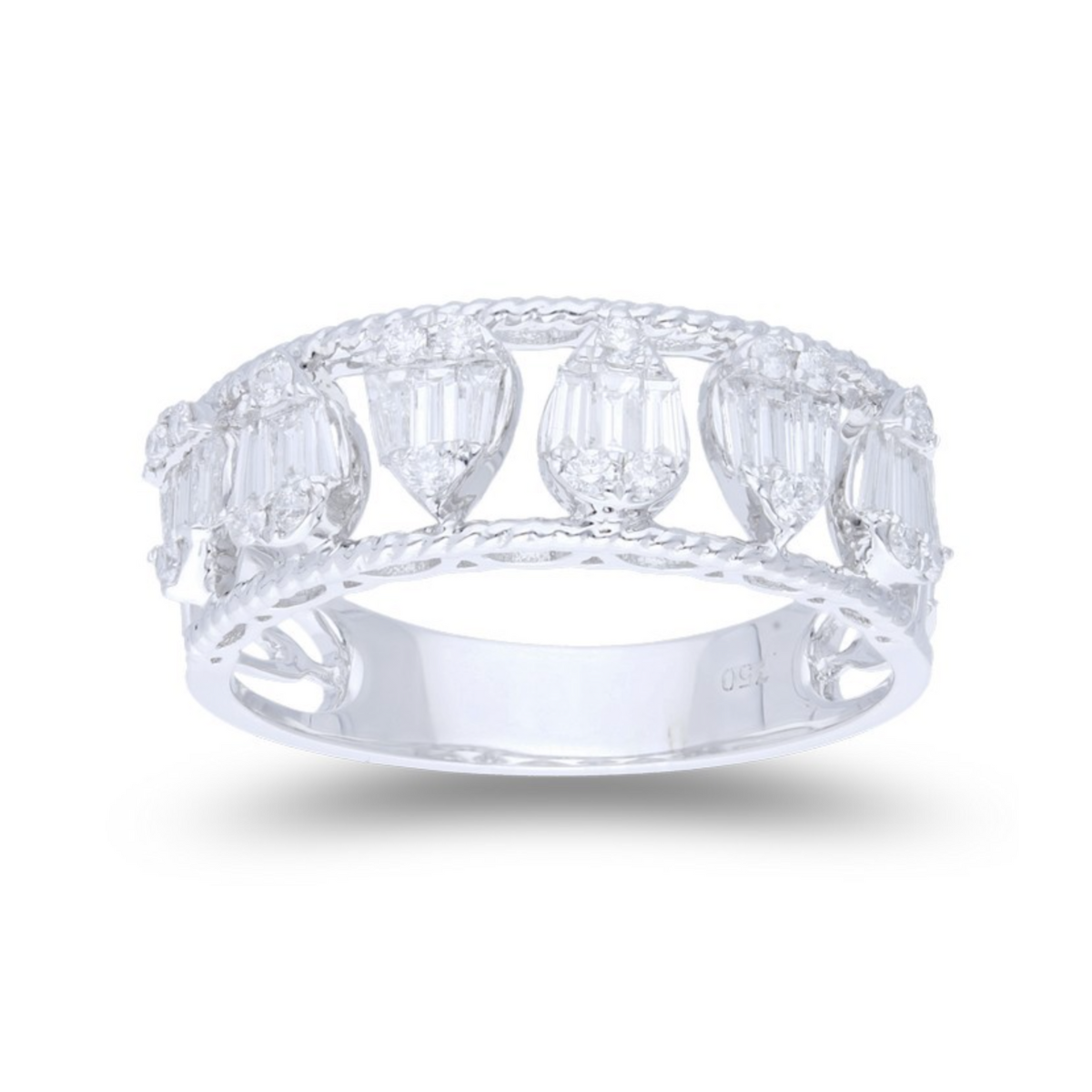 14kt White Gold Round Baguette Diamonds Band