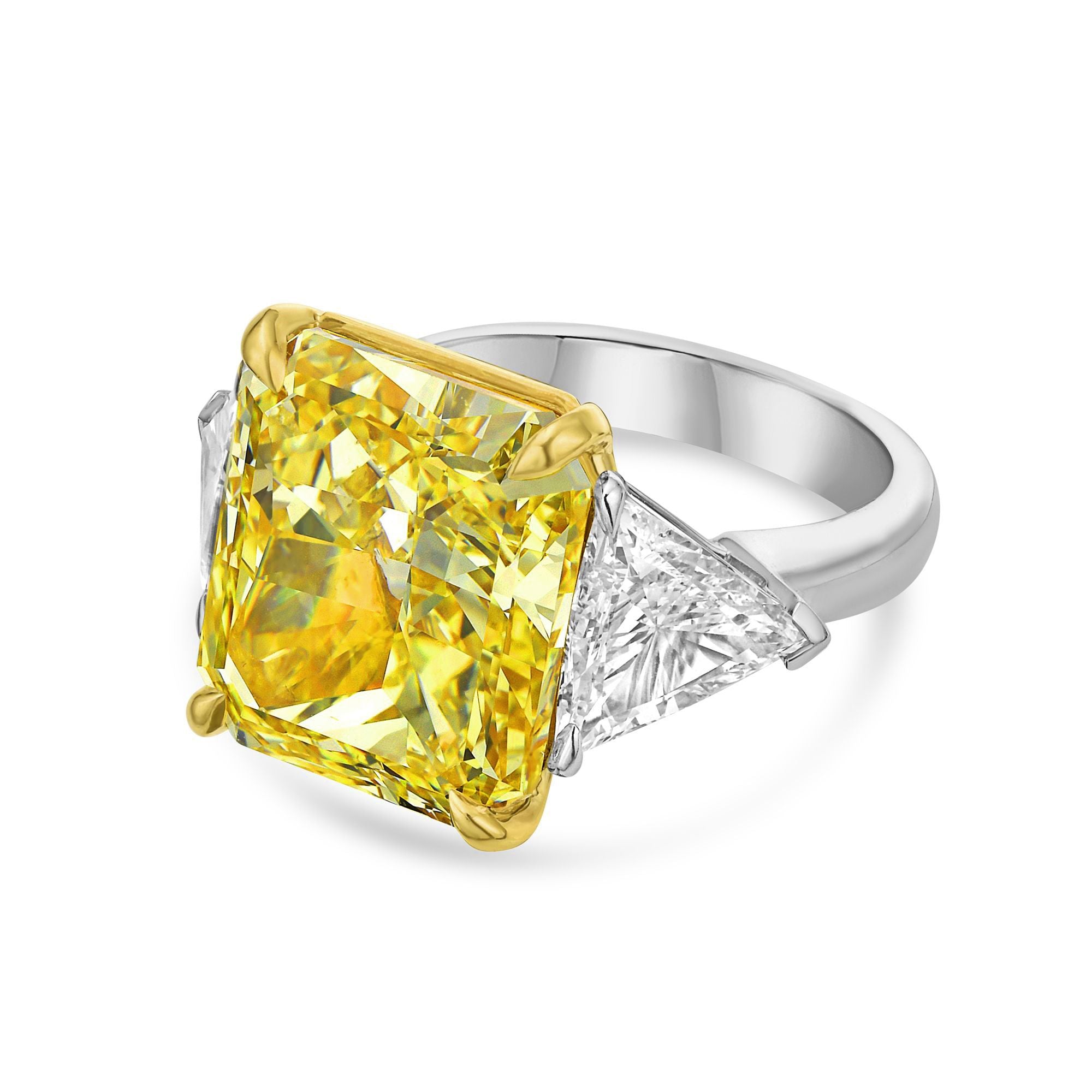 15.03ct radiant cut fancy yellow diamond ring with trillion side stones