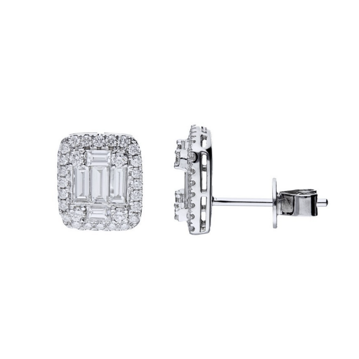 14kt White Gold Baguette Diamond Halo Studs