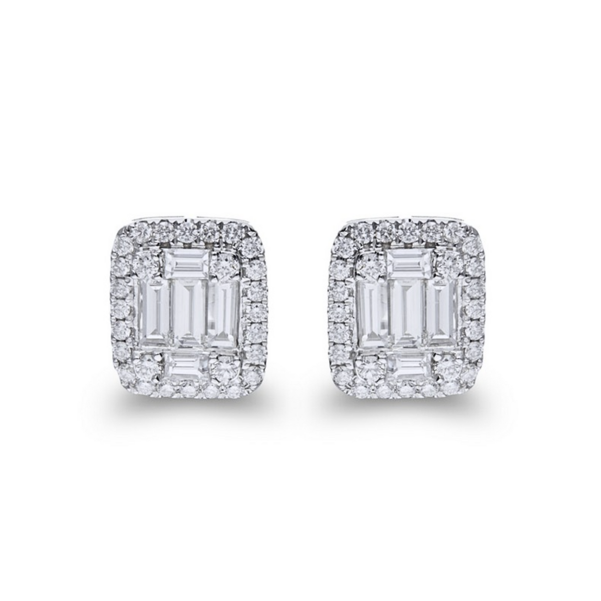 14kt White Gold Baguette Diamond Halo Studs