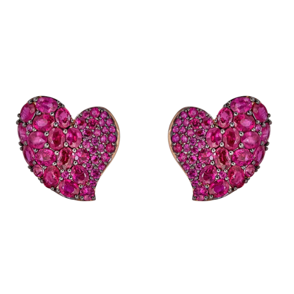 18K rose and black gold deep pink sapphire wave heart earrings, 7.30ct sapphires