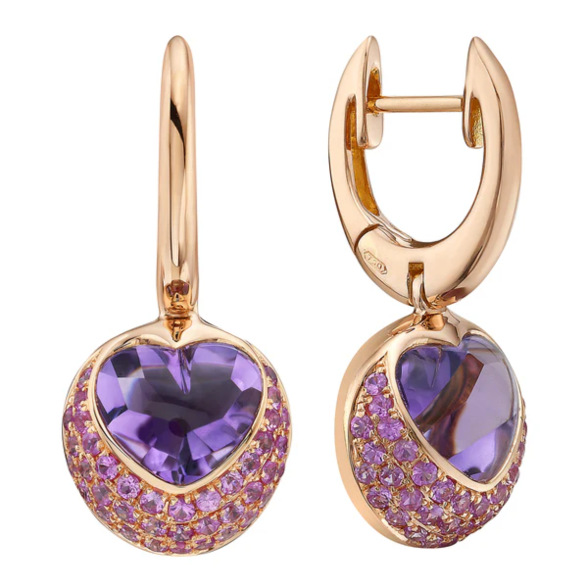 18K rose gold heart-shaped amethyst huggie earrings with pink sapphires, 6.39ct