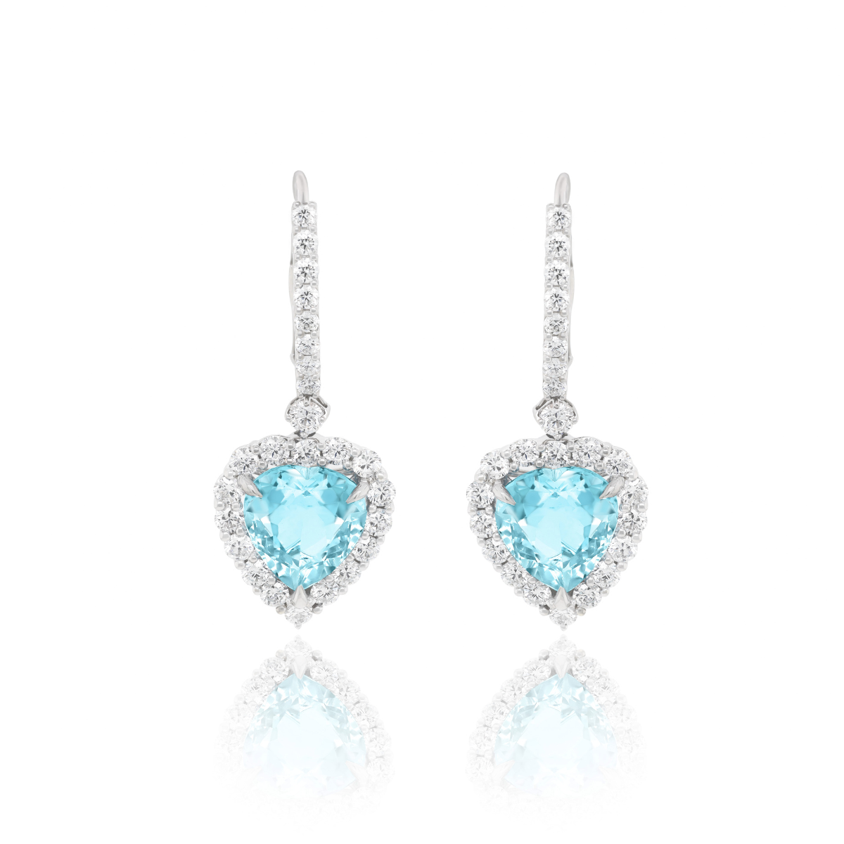 18K white gold aquamarine heart halo drop earrings with diamonds, 7.70ct