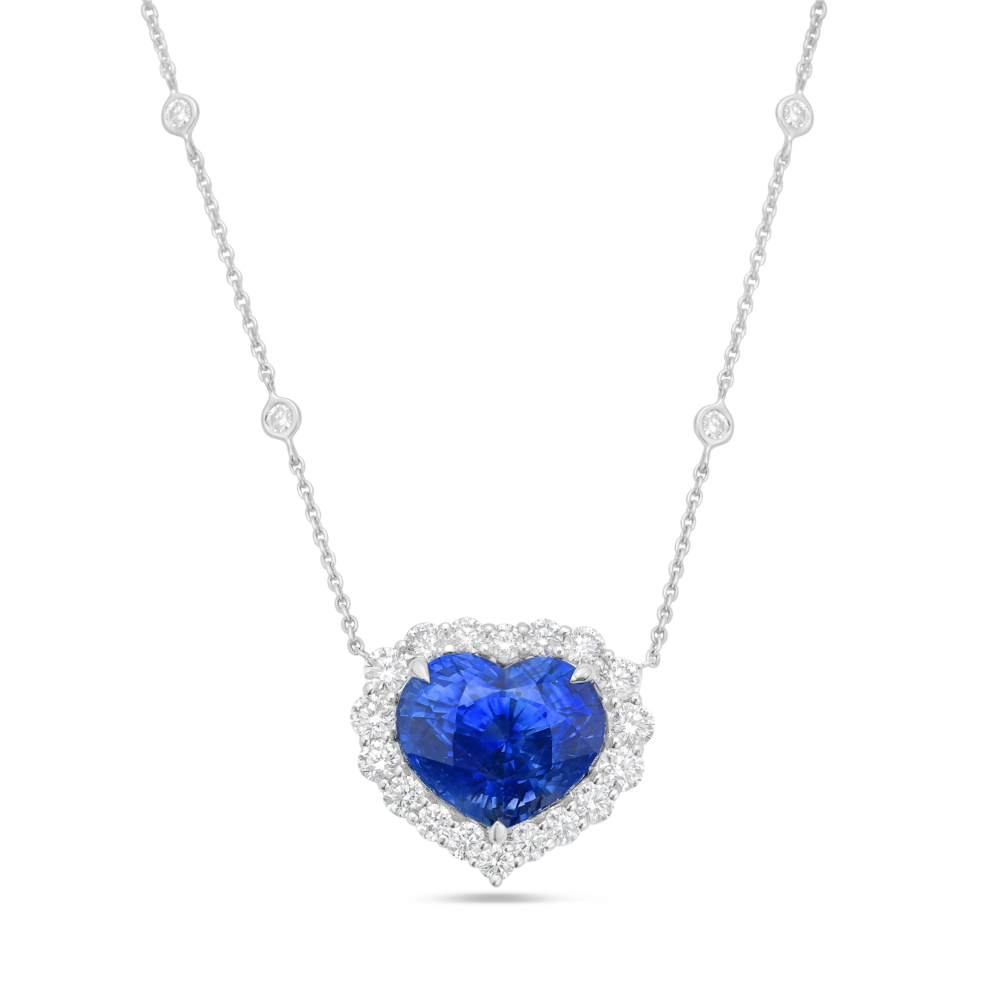 18K white gold blue sapphire and diamond heart pendant, 6.57ct sapphire, 1.57ct diamonds
