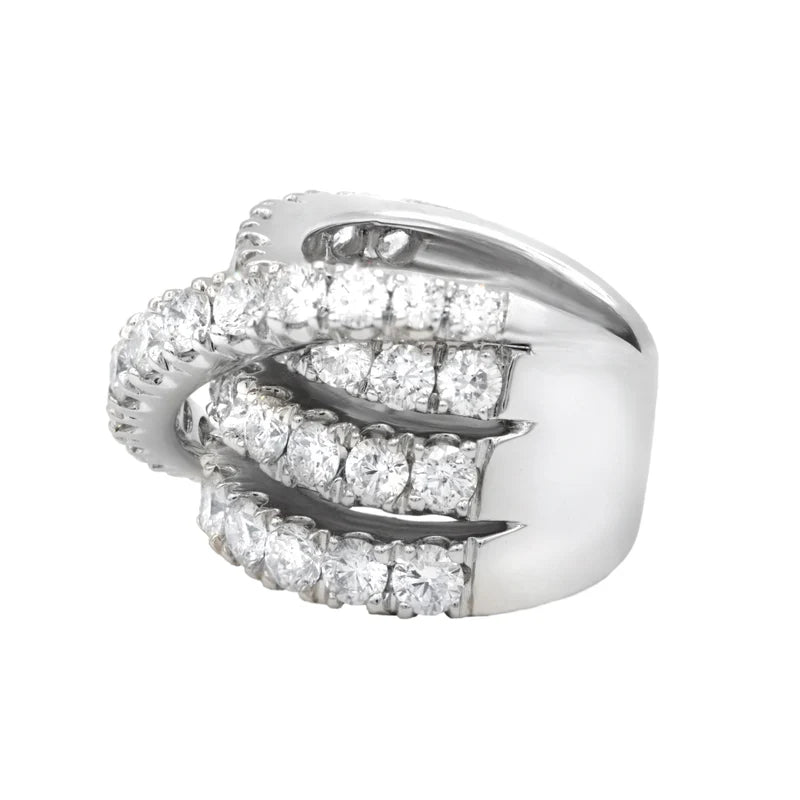 18K white gold cross over diamond ring with 8.50ct round diamonds in three rows