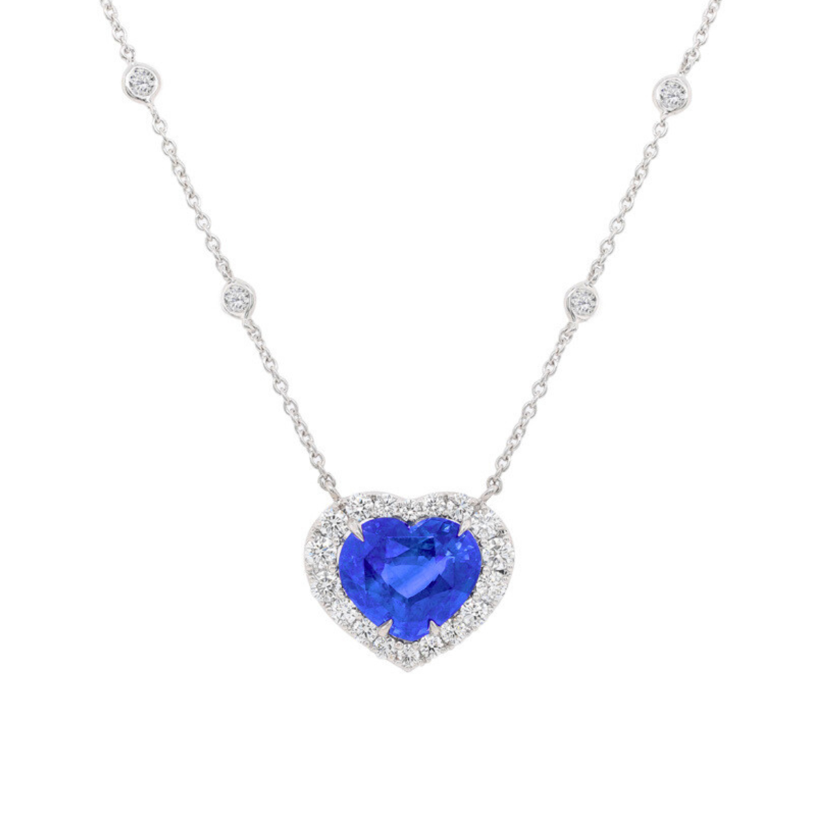 18K white gold heart sapphire diamond by the yard necklace, 16.81ct sapphire, 4.00ct diamonds