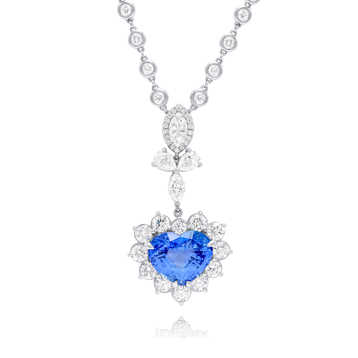 18K white gold sapphire and diamond double-heart pendant, 8.18ct sapphire, 8.35ct diamonds, GRS certified