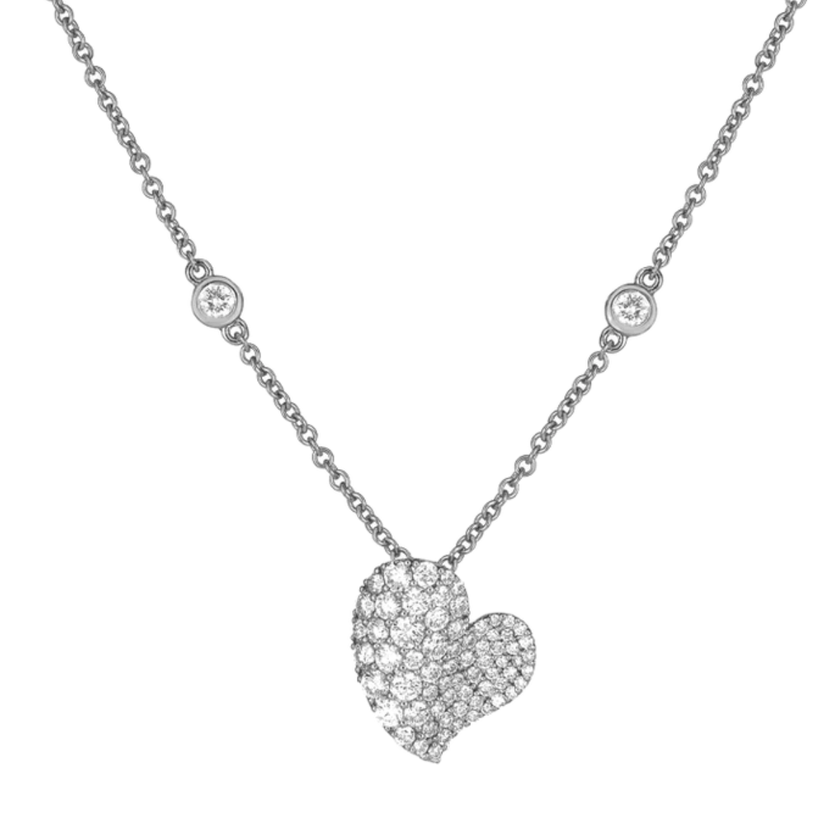 18K white gold small diamond wave heart necklace, 1.40ct diamonds, diamonds-by-the-yard chain
