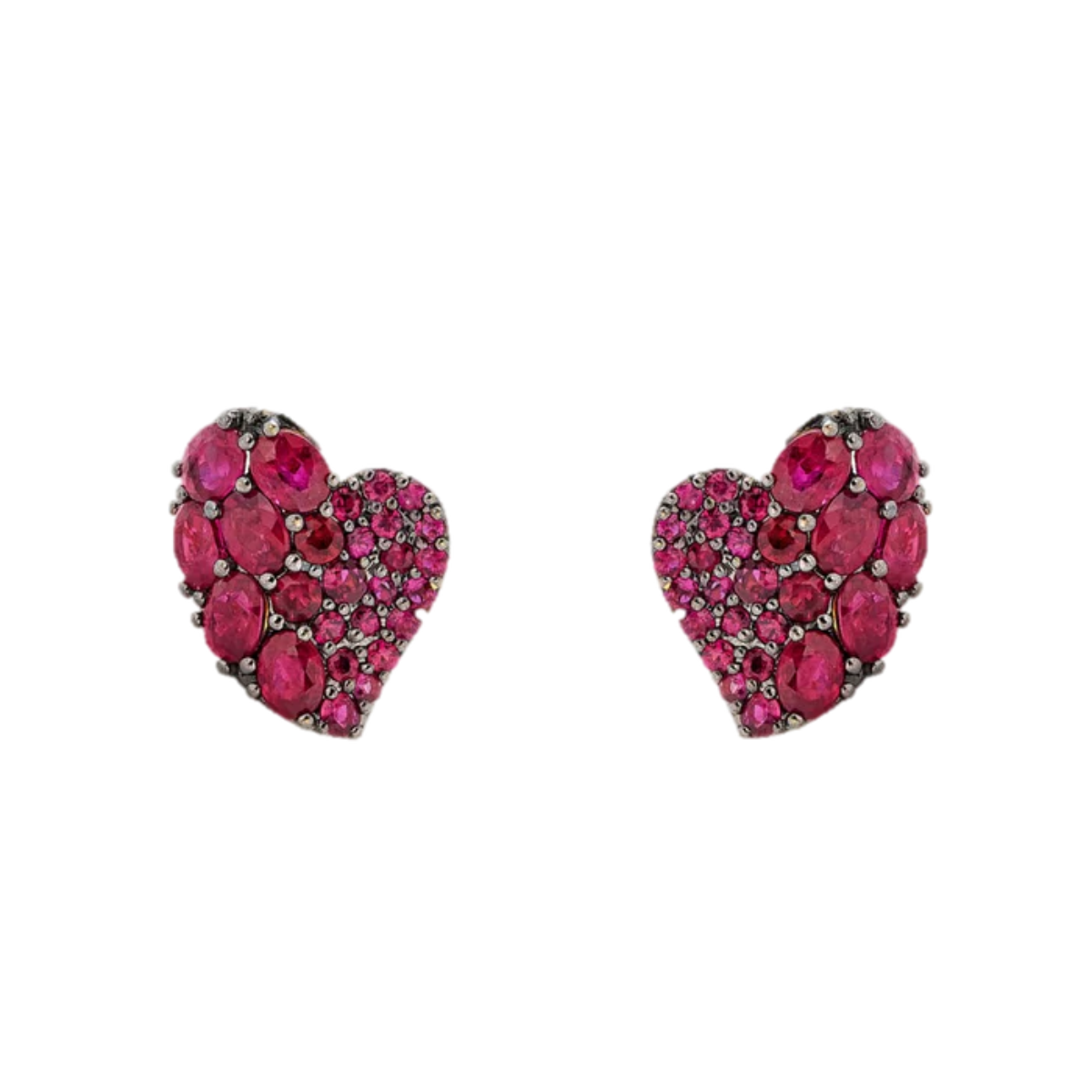 18K yellow and black gold ruby wave heart earrings, 3.50ct round and oval rubies