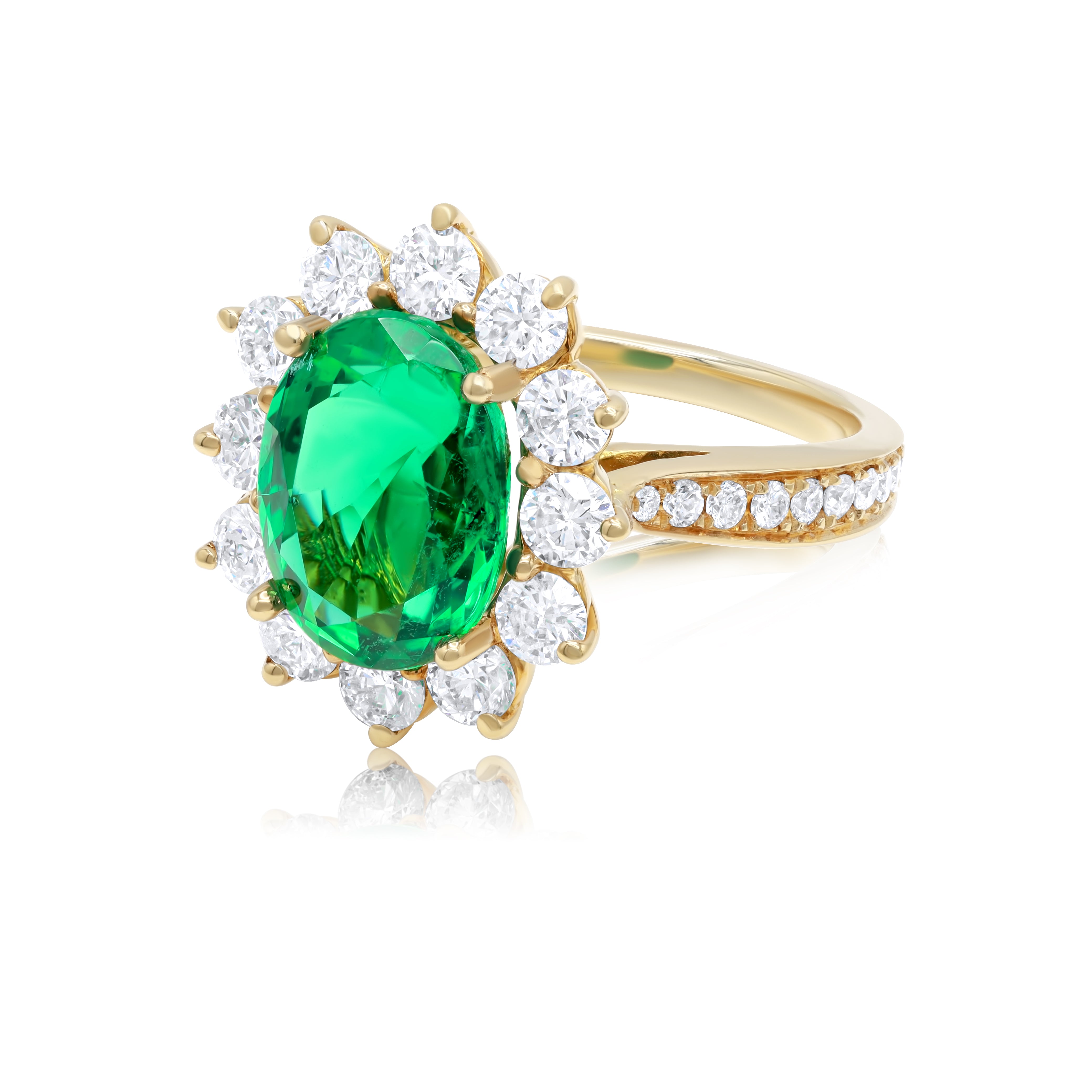 18K yellow gold emerald halo flower ring with 4.20ct oval emerald and 1.80ct round diamonds