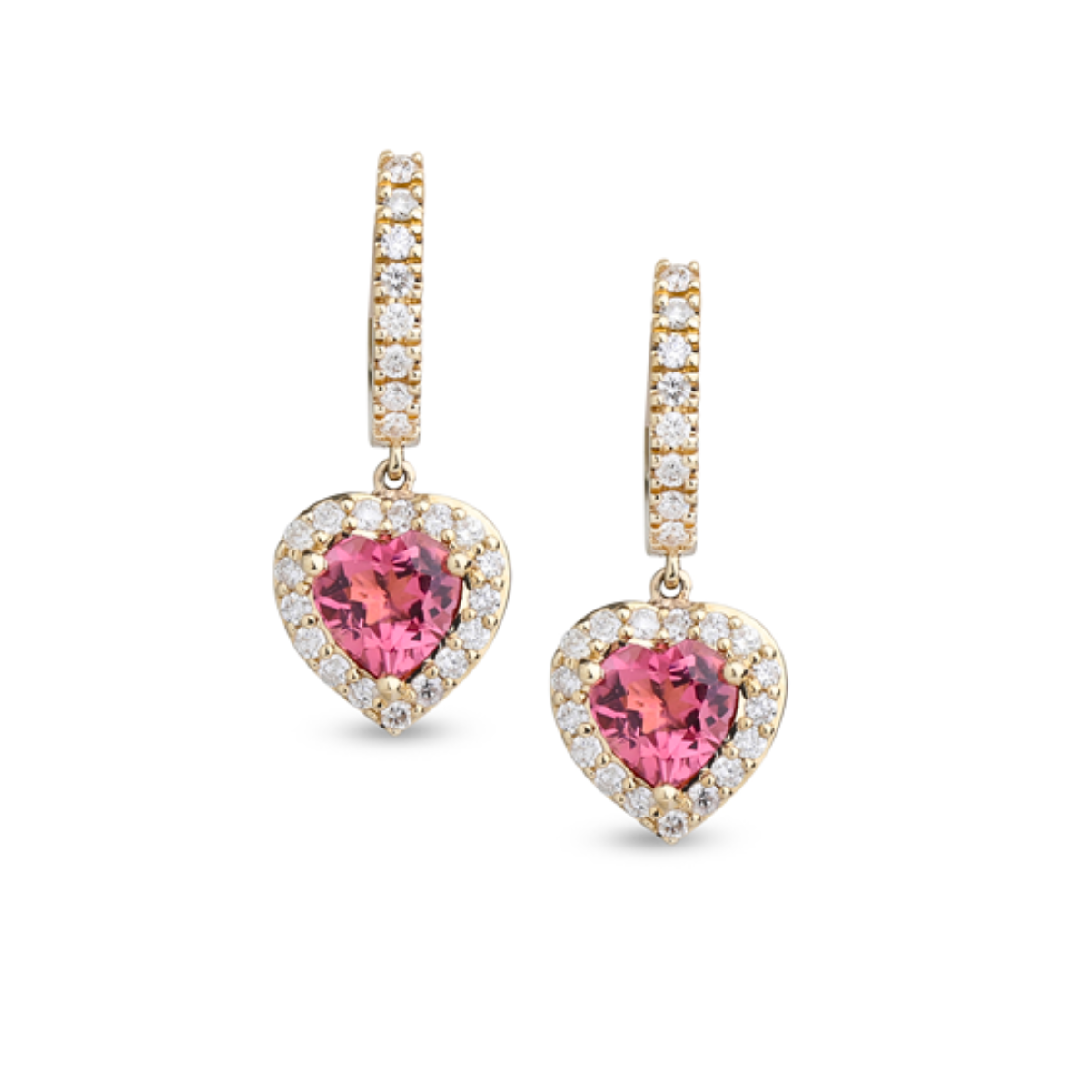 18K yellow gold pink topaz diamond heart drop earrings, 1.55ct topaz, 0.42ct diamonds