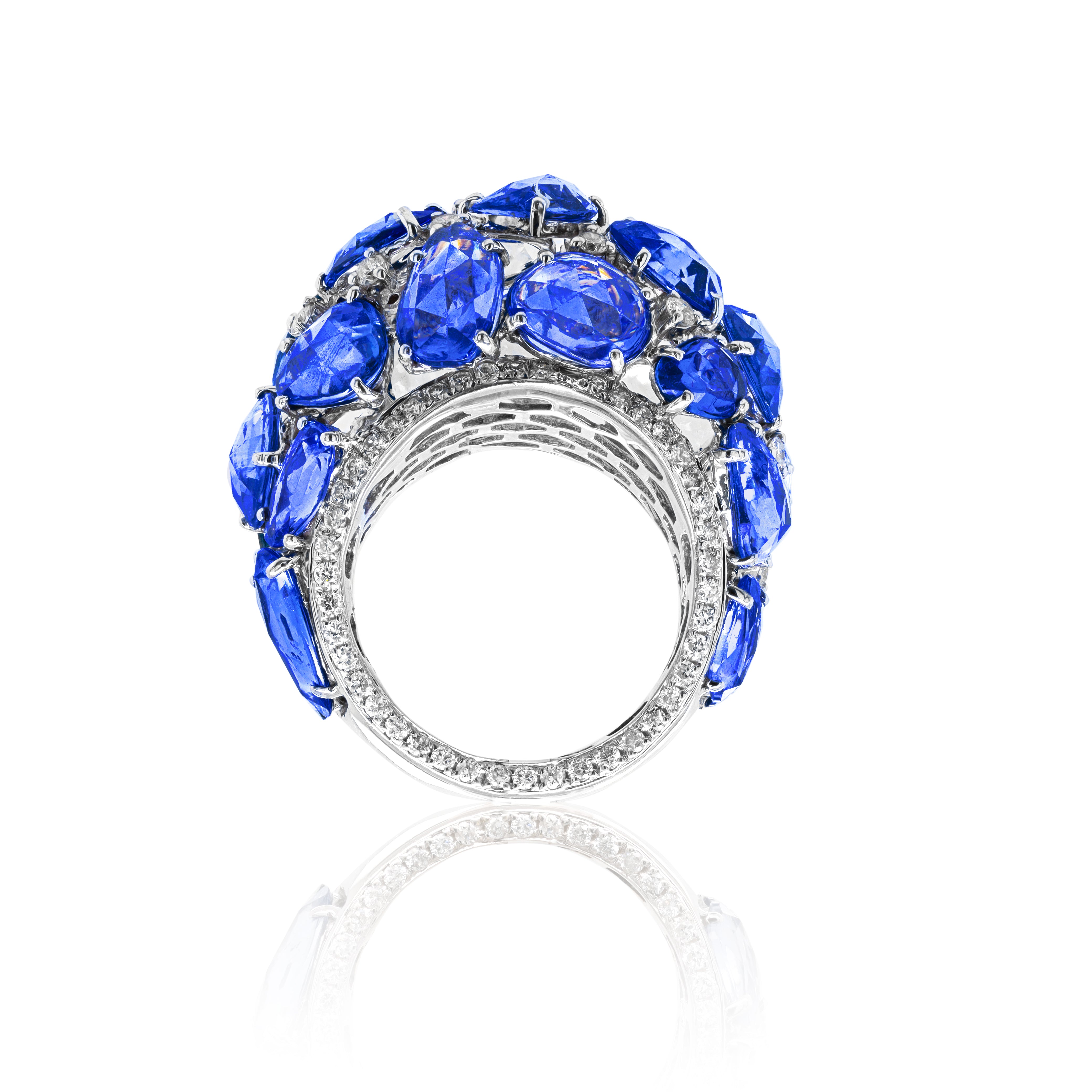 18K white gold rose cut sapphire dome ring with 40.00ct sapphires and 1.25ct diamonds