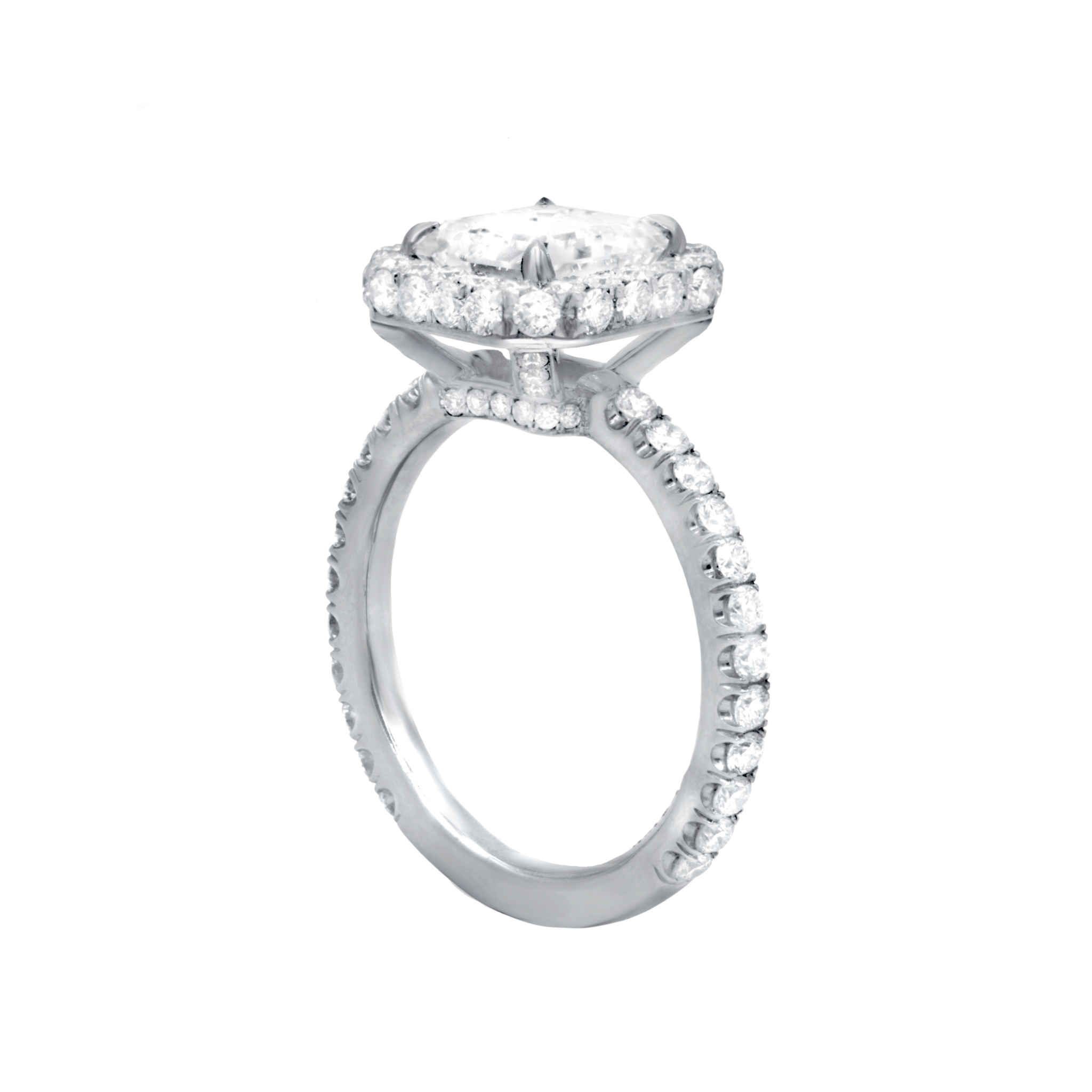 2.01ct emerald cut diamond ring with round halo in platinum