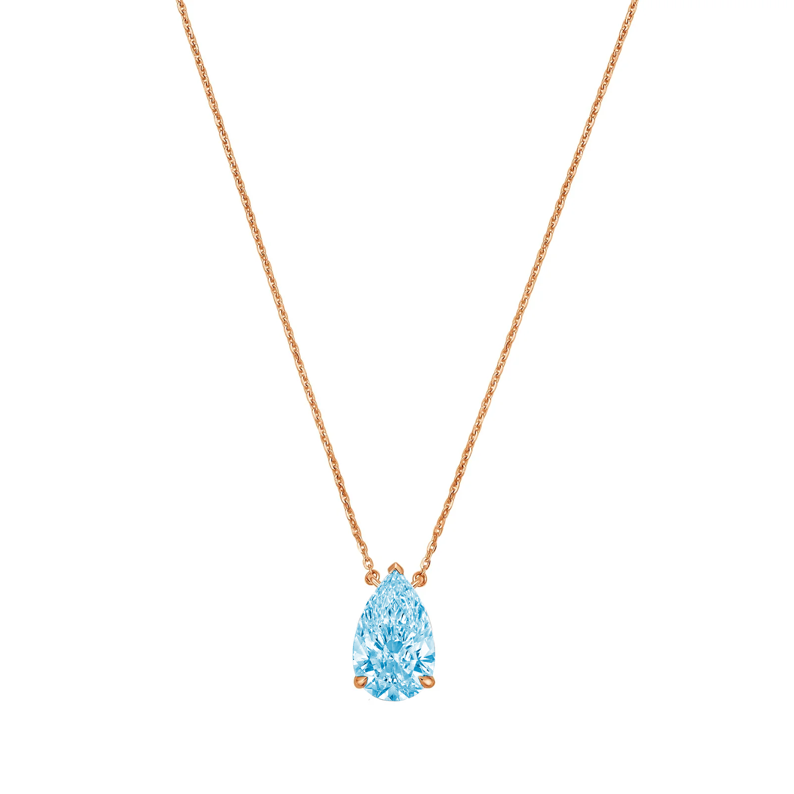 Lab-Grown Blue Pear Diamond Solitaire Pendant, 14k Gold
