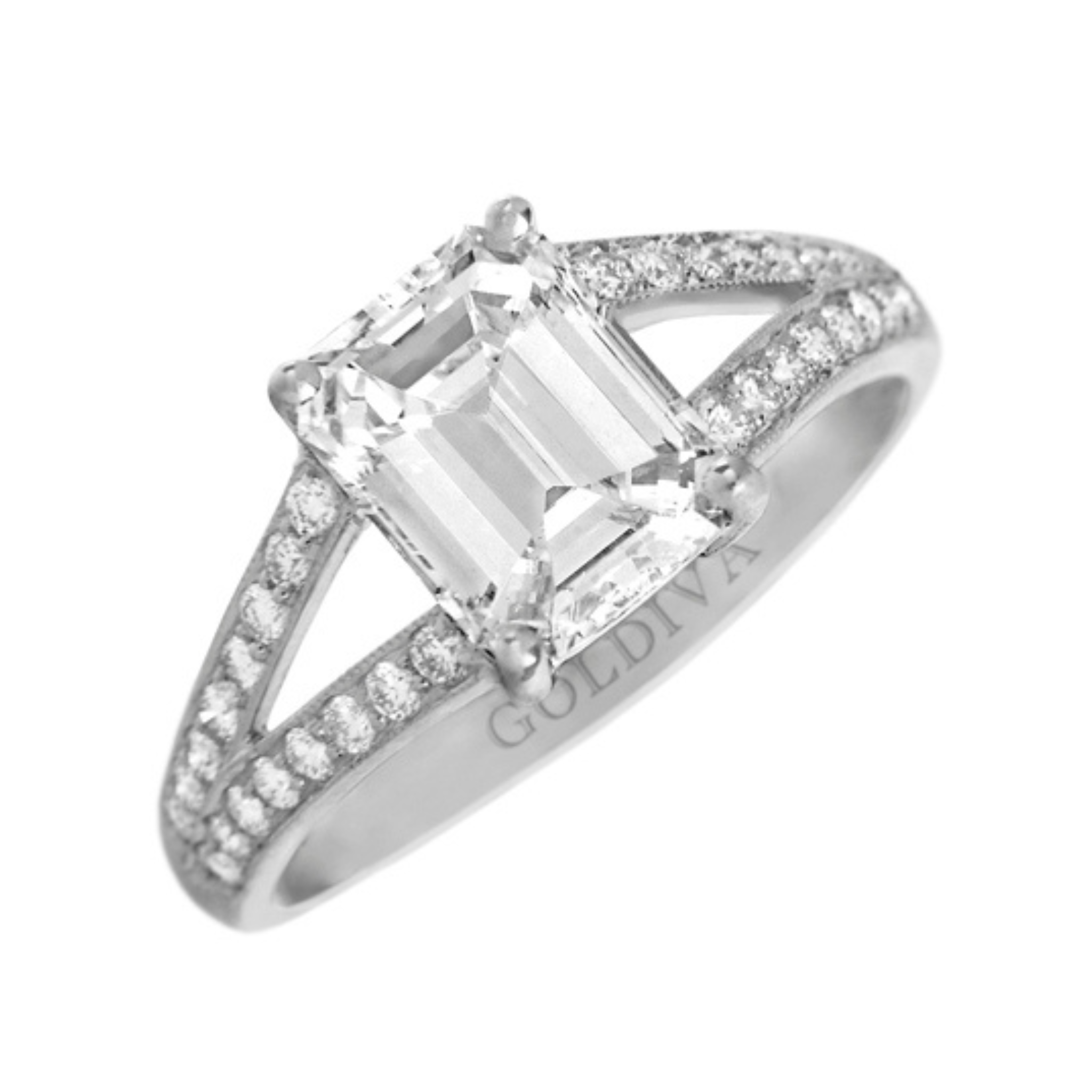 2ct Emerald Cut Pave Split Shank Diamond Ring