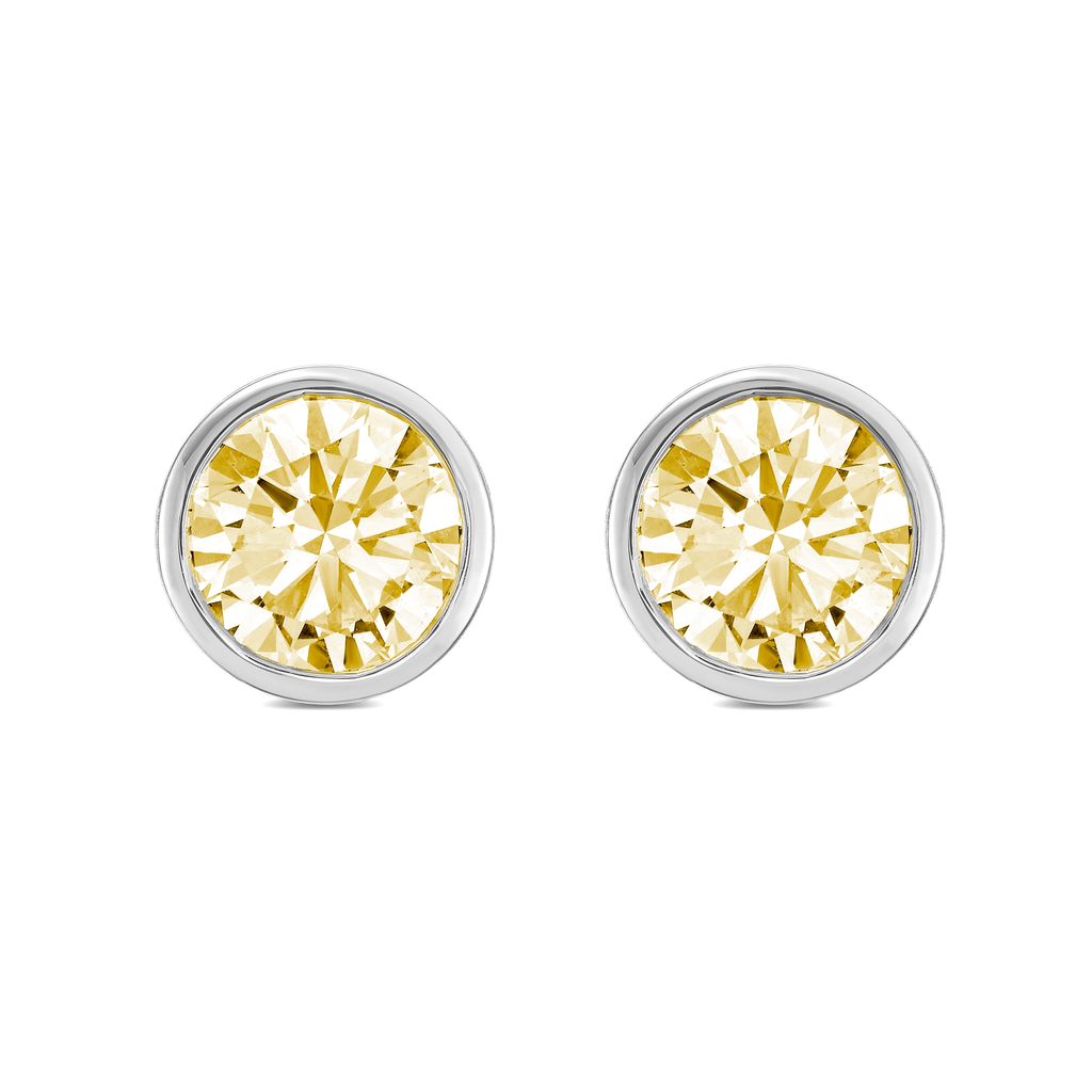 Lab-Grown Bezel Round Yellow Diamond Studs, 14K Gold