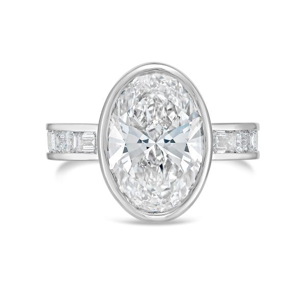 Lab Grown Bezel Oval Diamond Ring with Emerald Accents