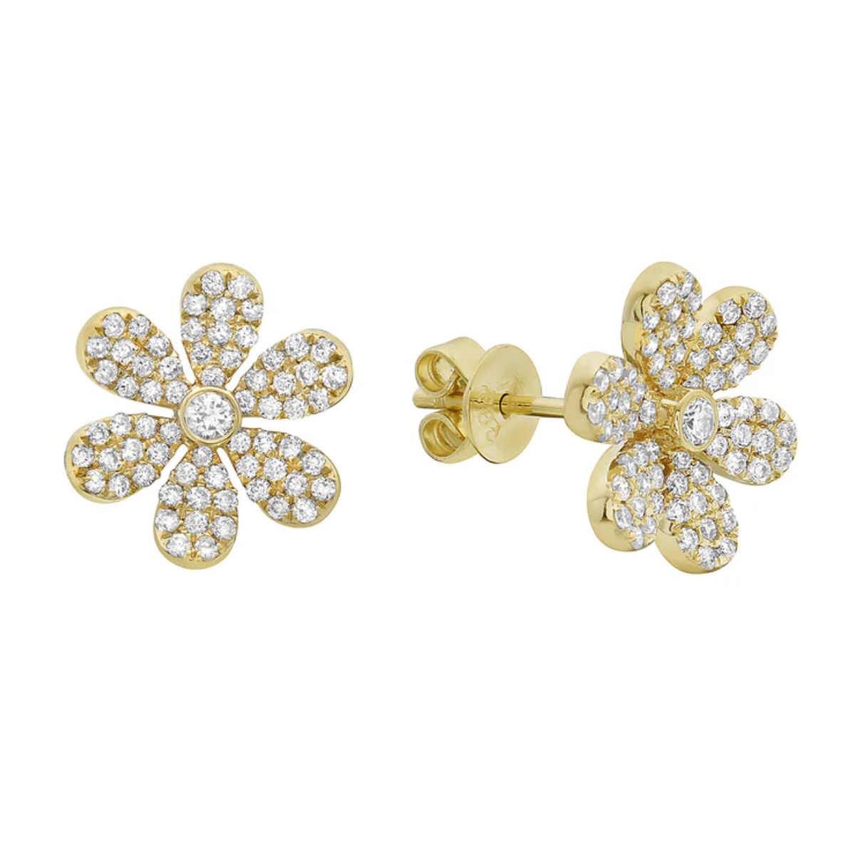 14kt Yellow Gold Diamond Pave Flower Stud Earrings