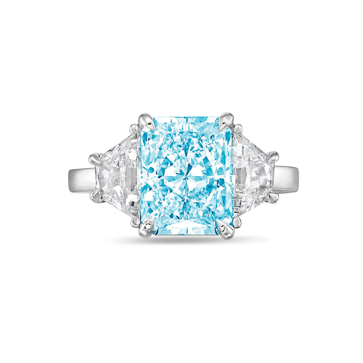 Lab-Grown Blue Radiant Three-Stone Engagement Ring with Trapezoids, 14K Gold