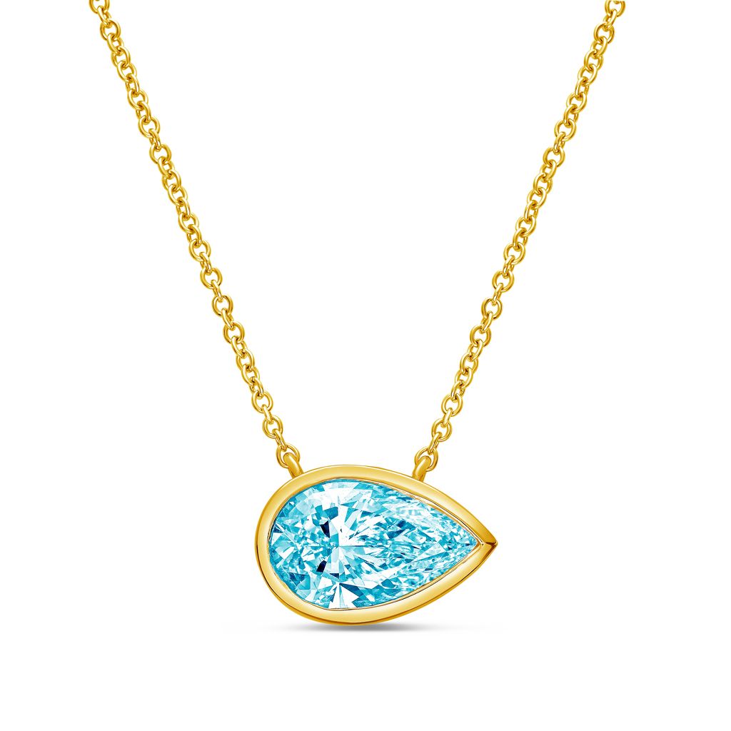 Lab-Grown Blue East-West Pear Diamond Bezel Pendant, 14K Gold