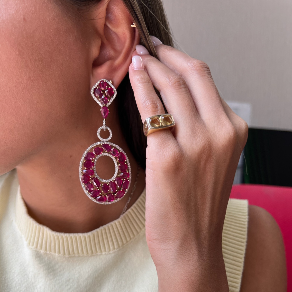 Two Tone Ruby & Diamond Drop Earrings