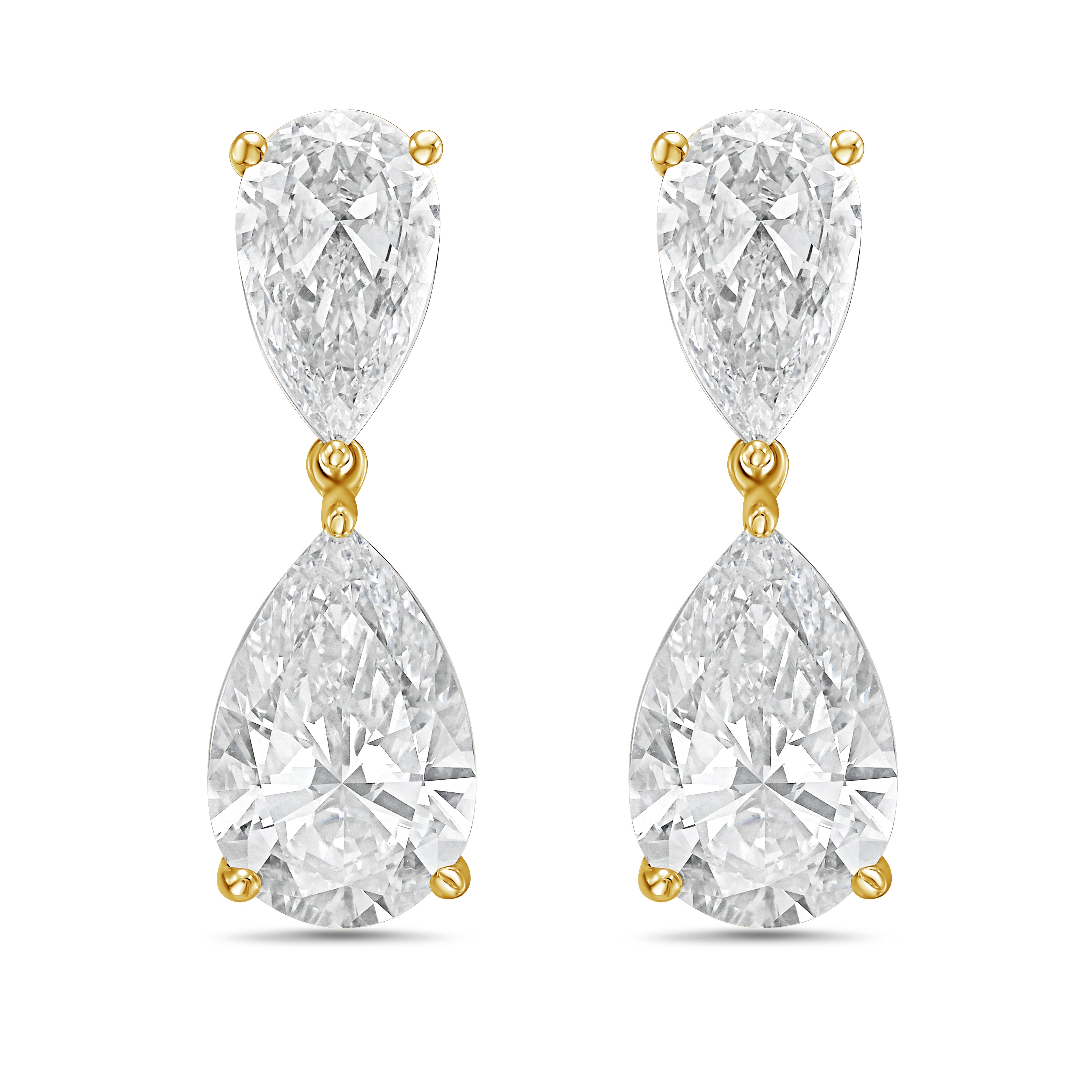 Pair of lab-grown pear diamond drop earrings in 14k yellow gold, front view