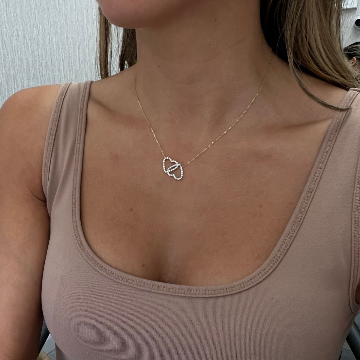 14kt Two Tone Gold Interlocking Double Heart Diamond Pendant