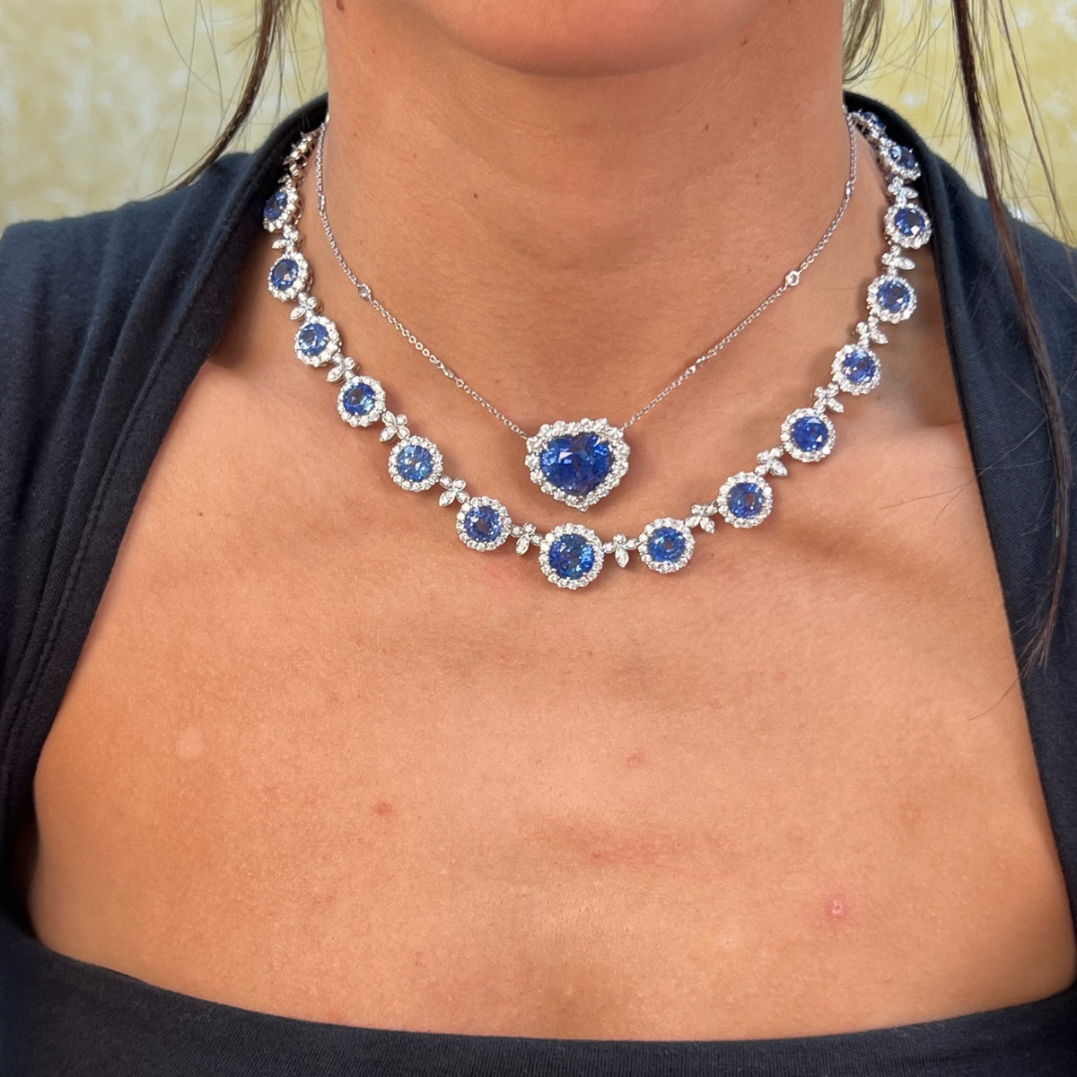 Ceylon Sapphire Diamond Halo Necklace