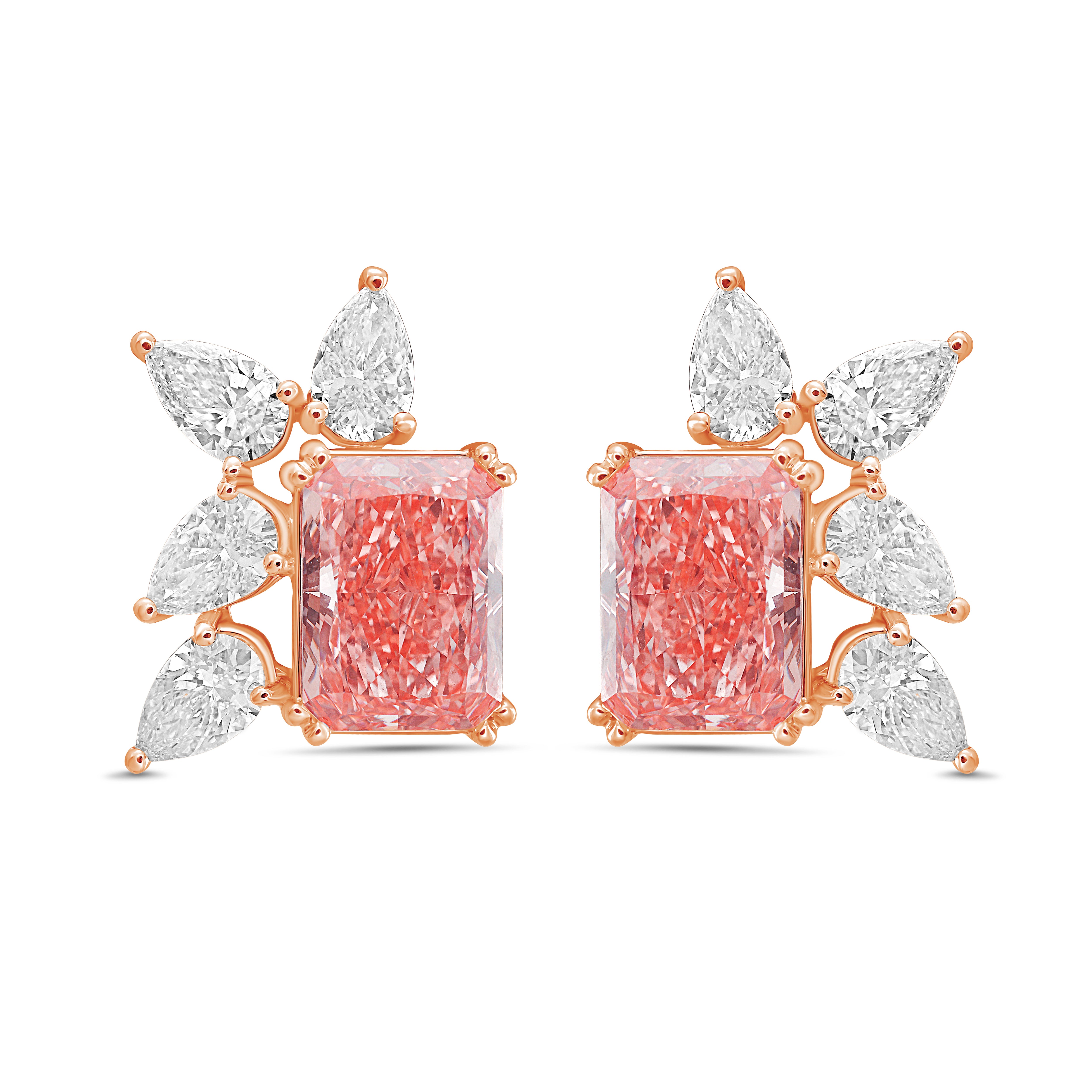 Lab-Grown Pink Radiant & White Pear Diamond Cluster Stud Earrings