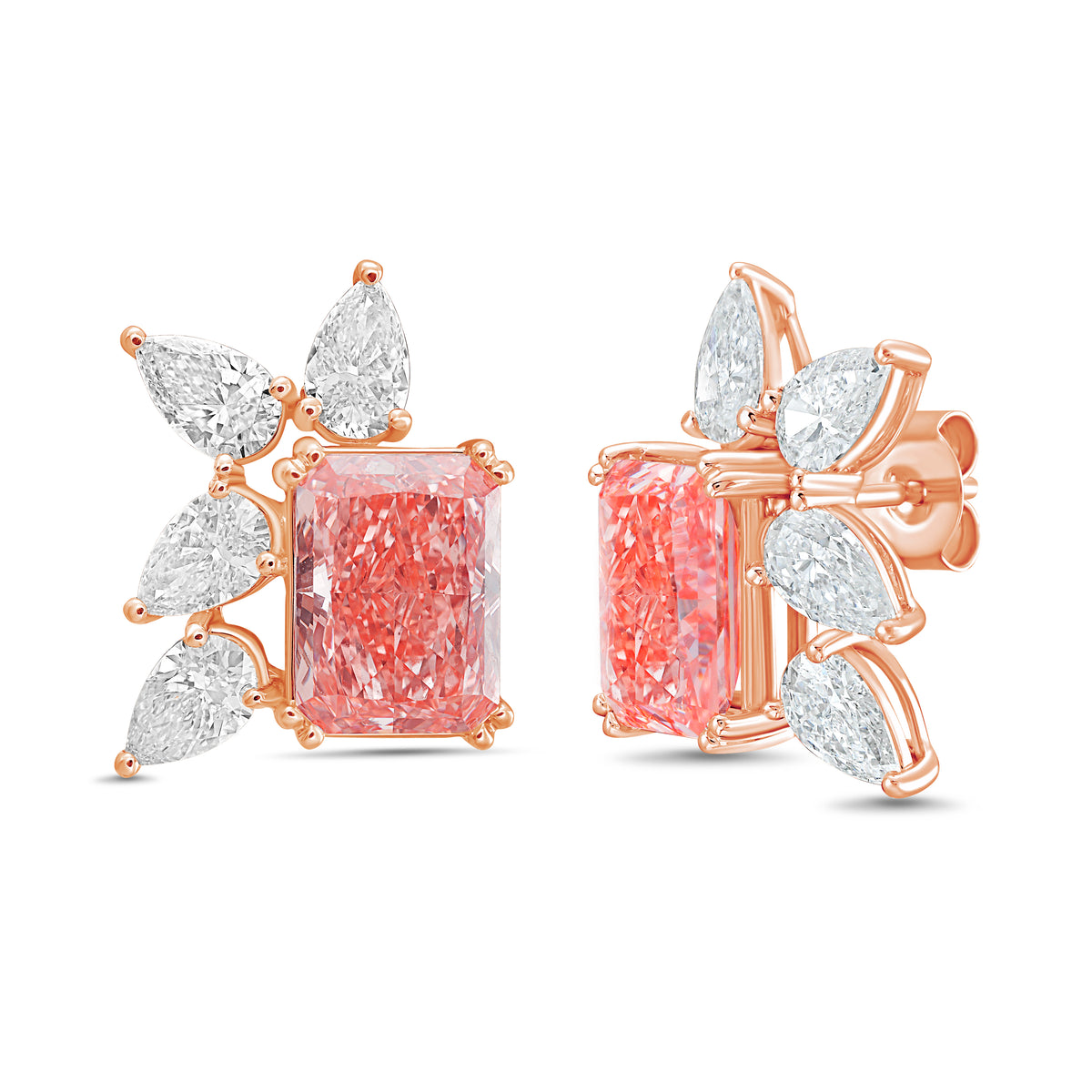 Lab-Grown Pink Radiant & White Pear Diamond Cluster Stud Earrings