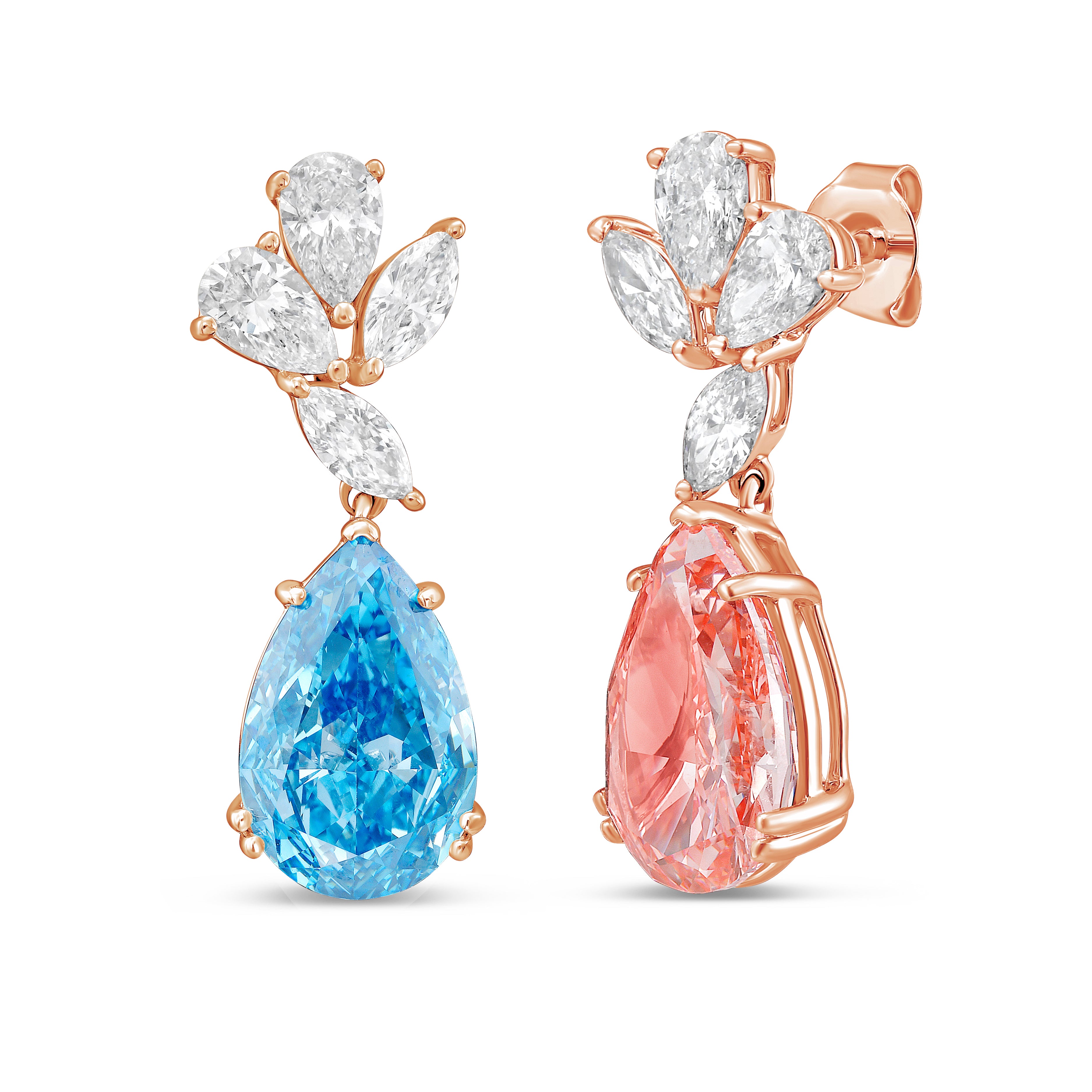 Lab-Grown Blue & Pink Diamond Drop Earrings, 14K Gold