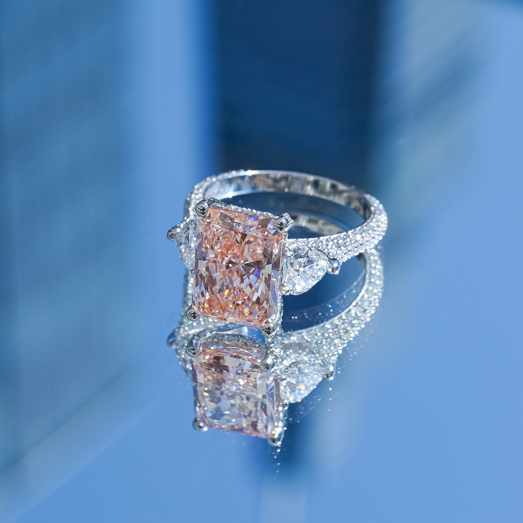 Lab-Grown Pink Radiant Diamond Ring with Heart Sides, 18k Gold