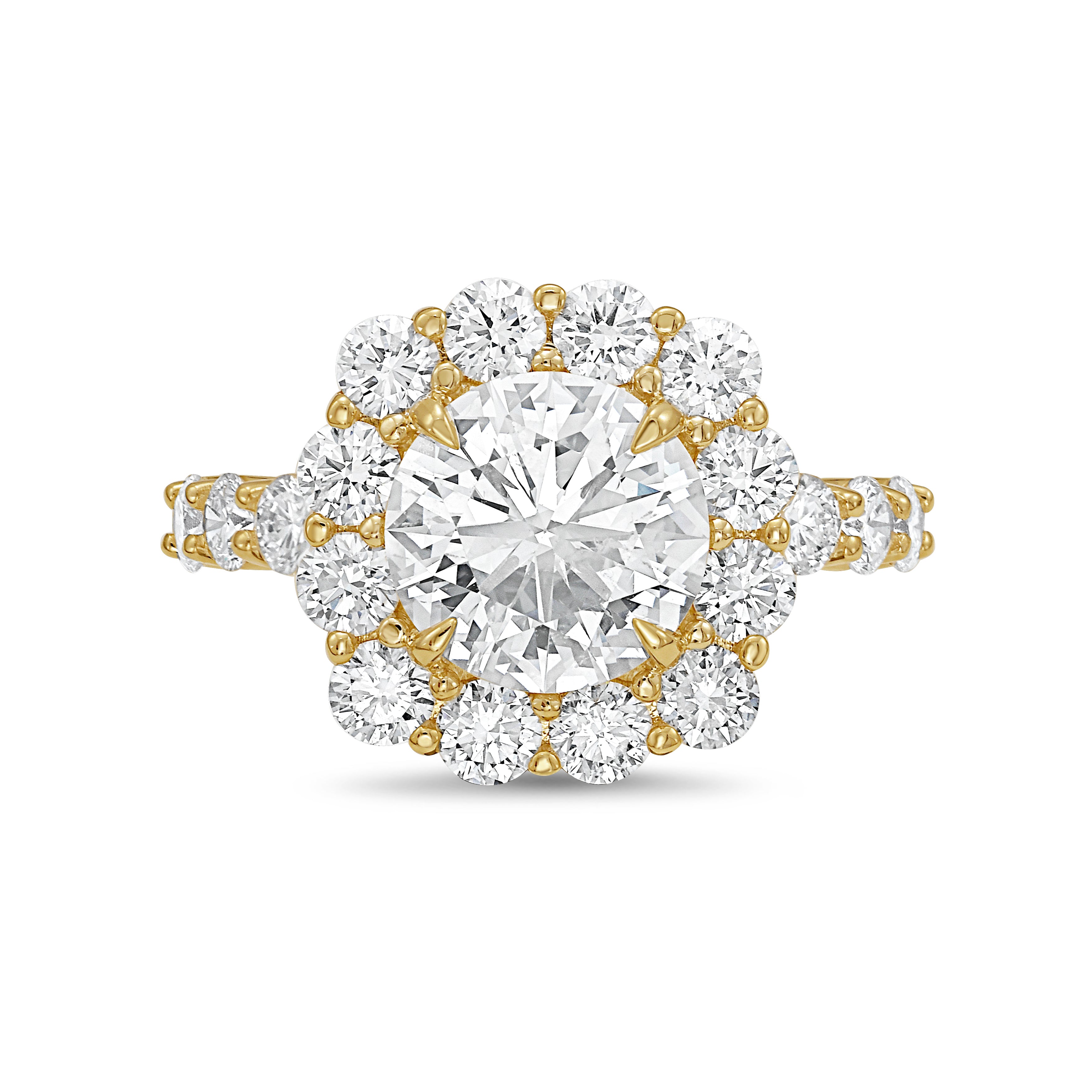 Lab-grown round diamond halo engagement ring in 18kt yellow gold, front view