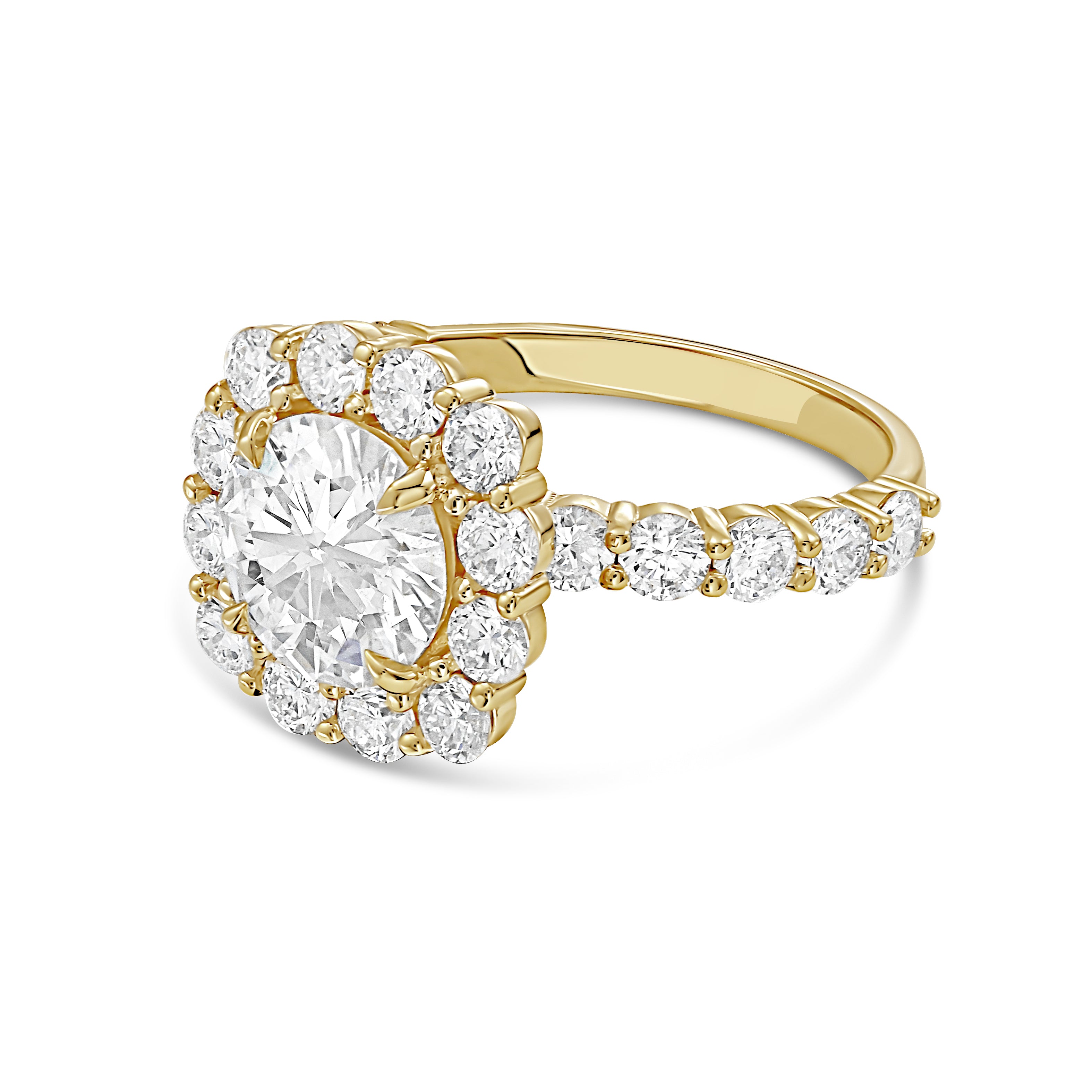Lab-grown round diamond halo ring in 18kt yellow gold, angled view