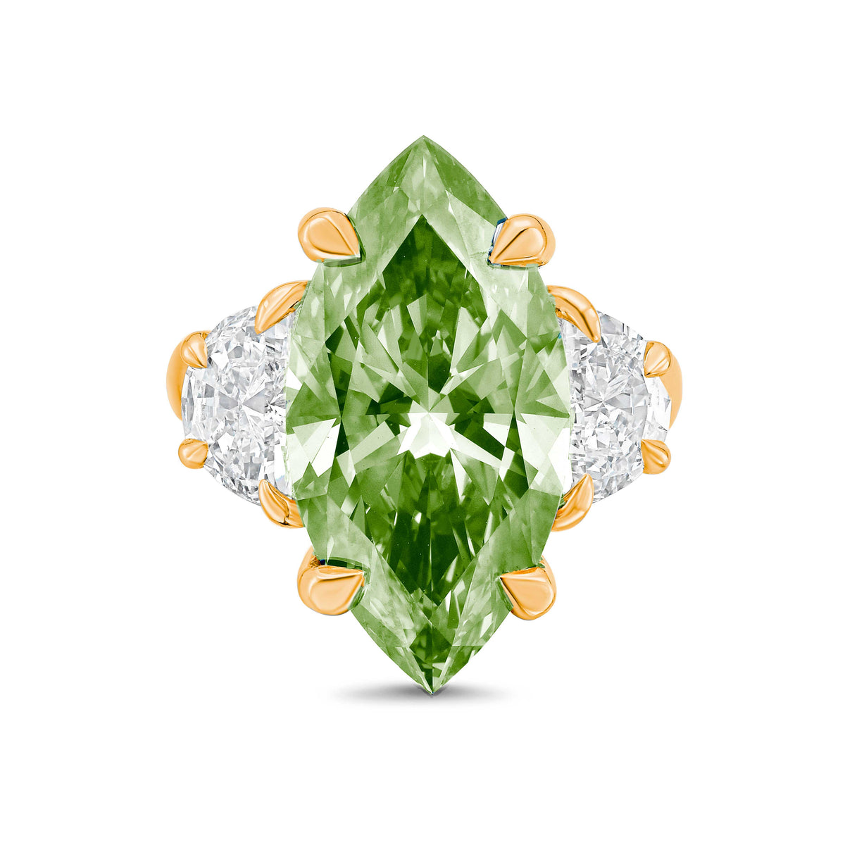 Lab Grown Green Marquise Cut Diamond with Two Half Moons on Sides Engagement Ring, 14K Gold