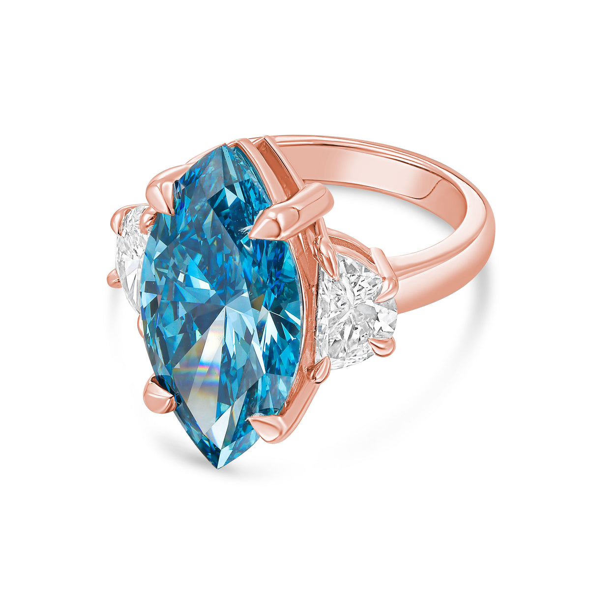 Lab Grown Blue Marquise Cut Diamond with Two Half Moons on Sides Engagement Ring, 14K Gold
