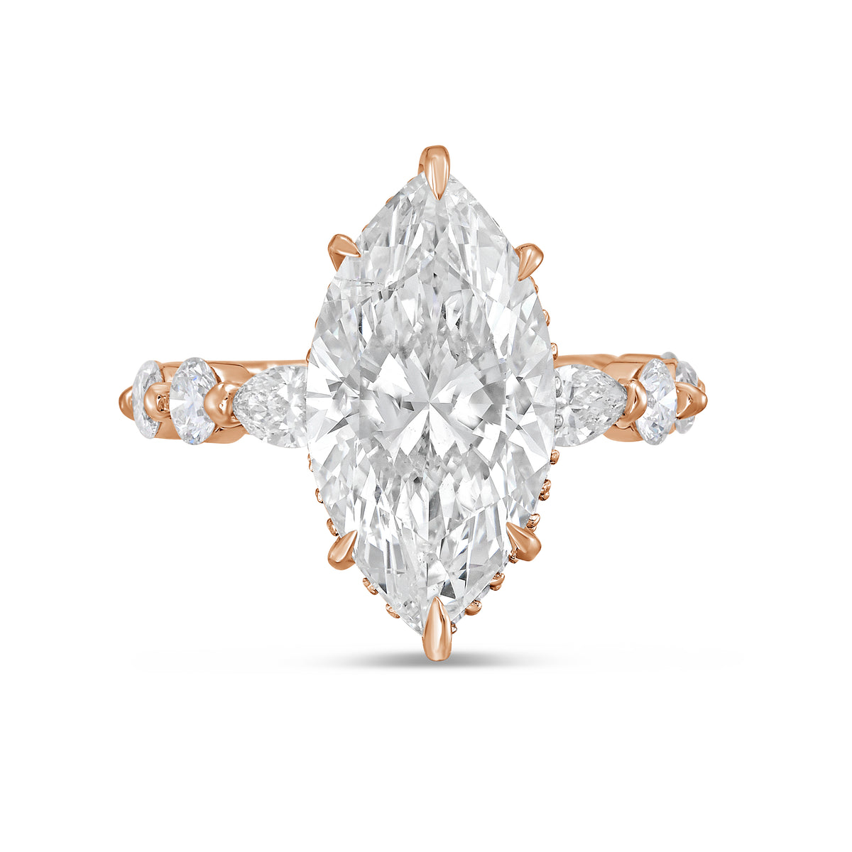 Lab-Grown Marquise Diamond Engagement Ring with Multi-Shaped Side Stone Band and Hidden Halo, 14K Gold