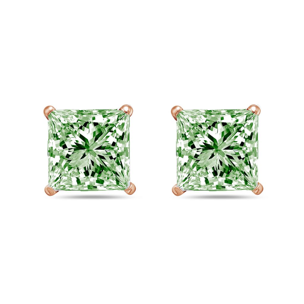 Lab-Grown Green Princess Cut Diamond Stud Earrings, 4-Prong, 14K Gold