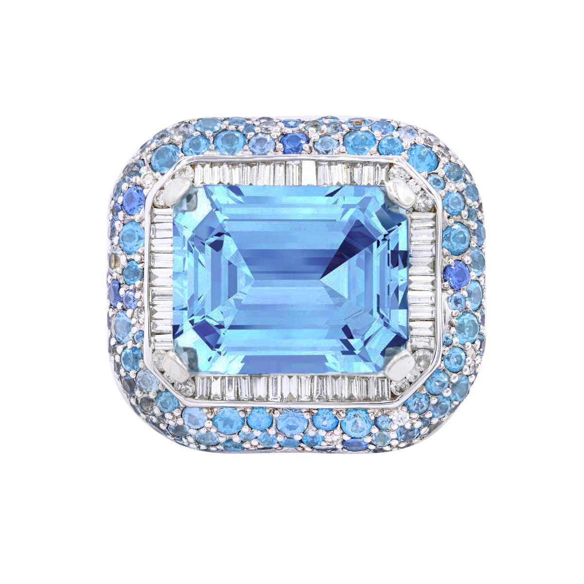 Emerald Aquamarine & Baguette Diamonds Halo Ring