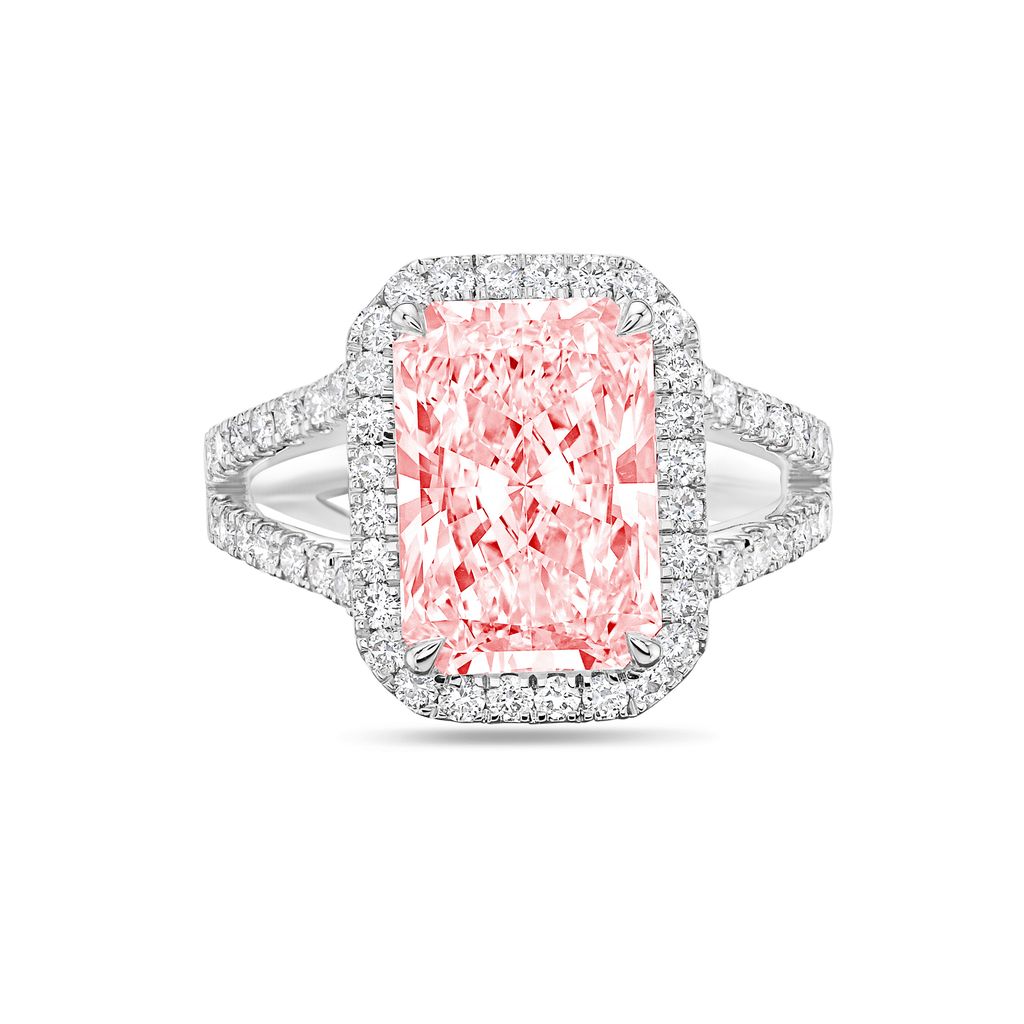 Lab-Grown Pink Radiant Halo Diamond Engagement Ring, 14K Gold