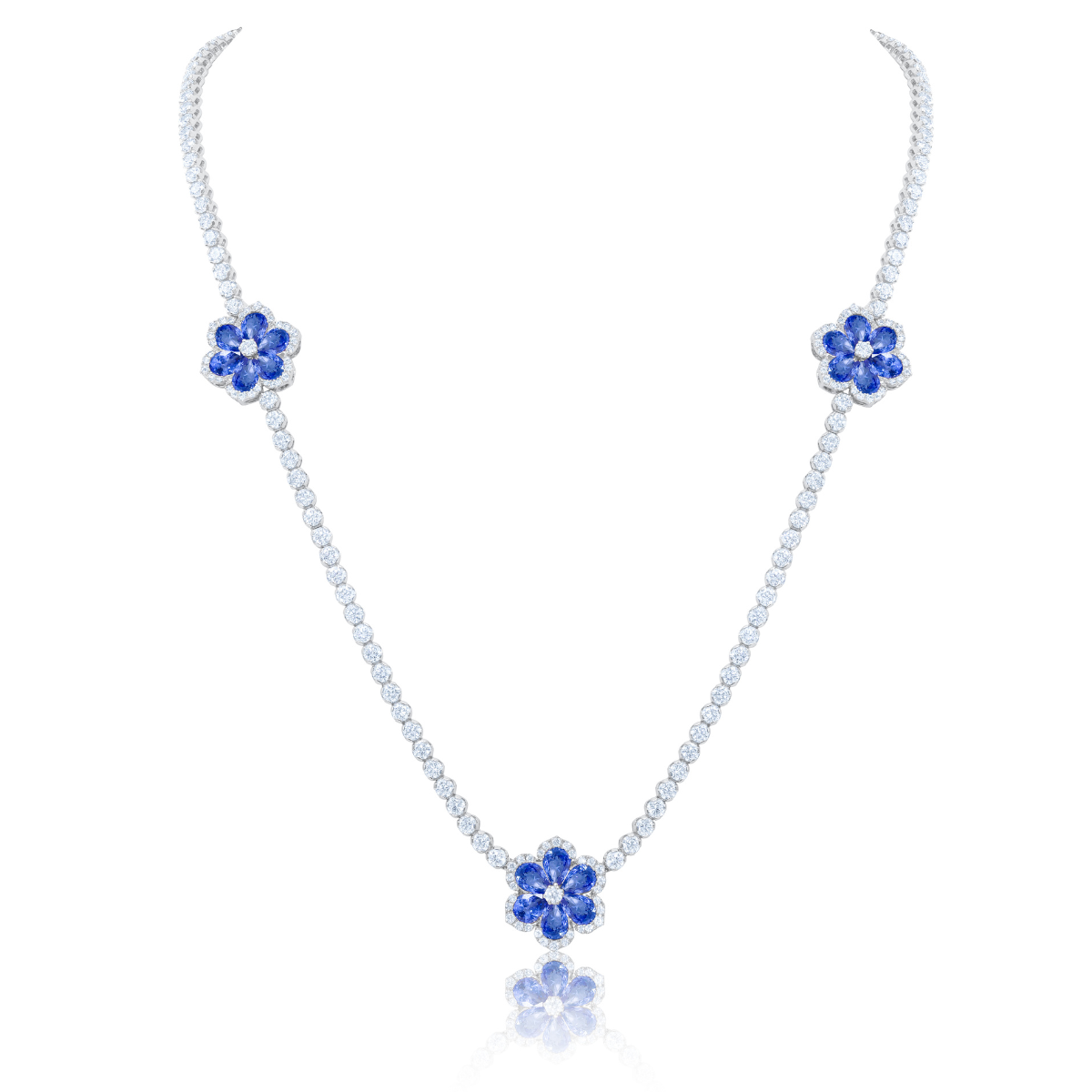 18kt white Gold Sapphire and Diamond Flower Tennis Necklace