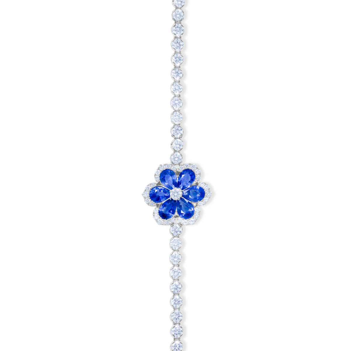 18kt white Gold Sapphire and Diamond Flower Tennis Necklace