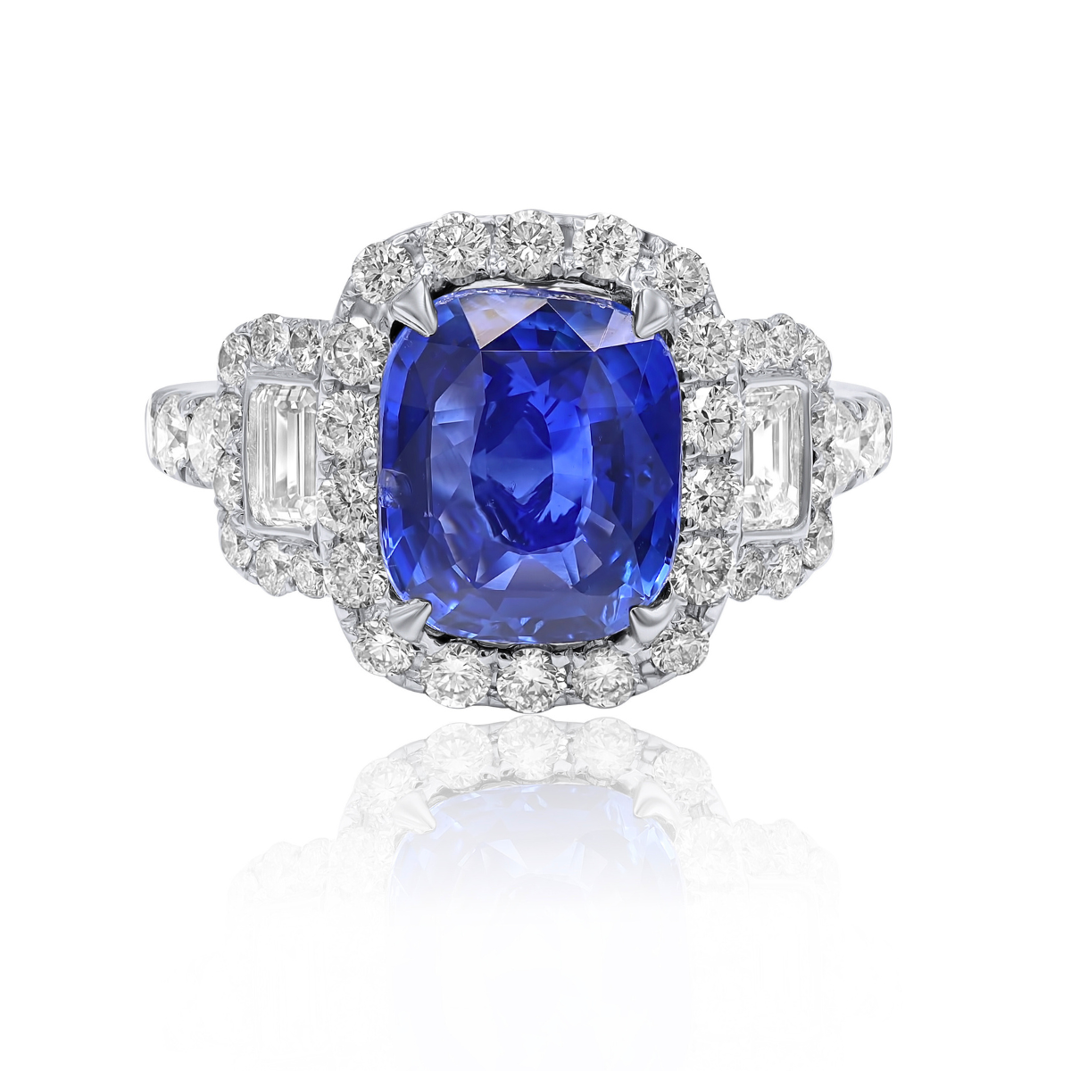 Sapphire Three Stone Halo Ring
