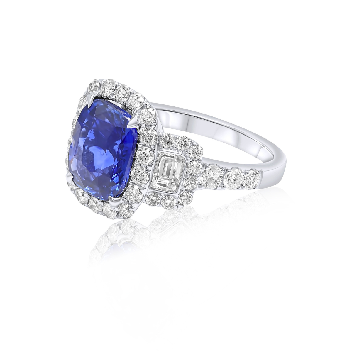 Sapphire Three Stone Halo Ring